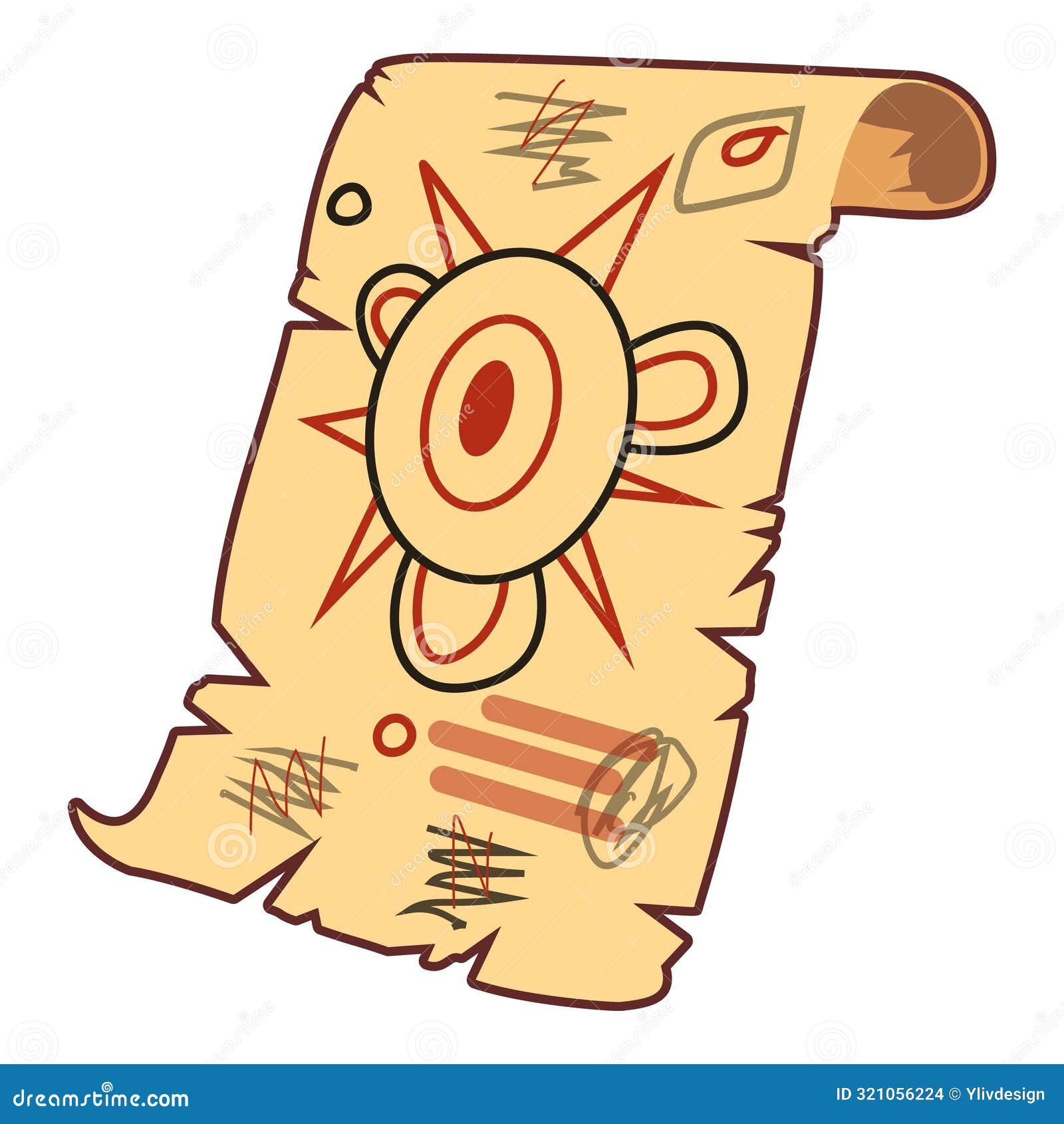 Illustrated Ancient Treasure Map Scroll with Symbols and Path Stock 