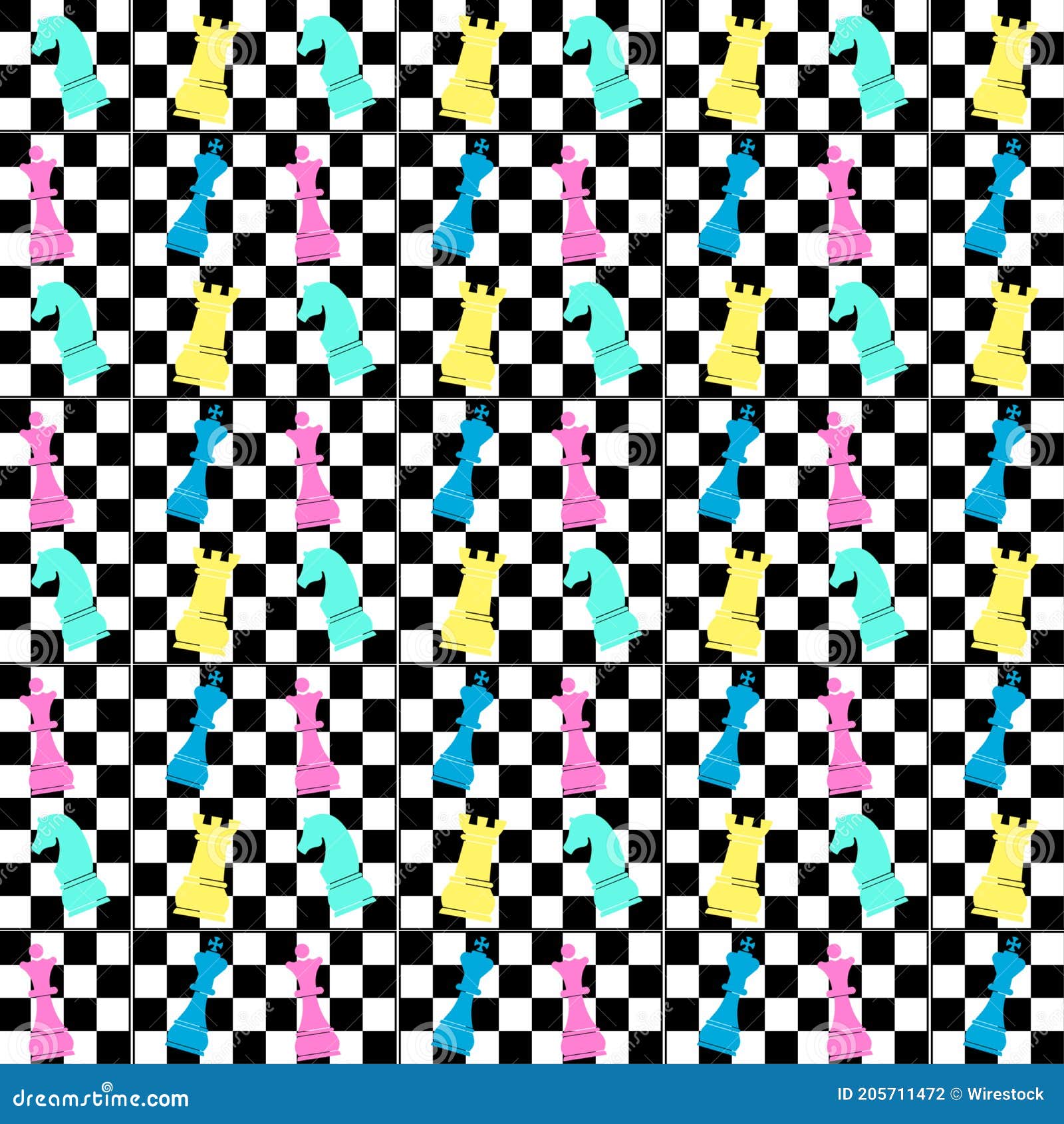 Illustrated Colorful Chess Pieces on a Checkered Background Stock ...