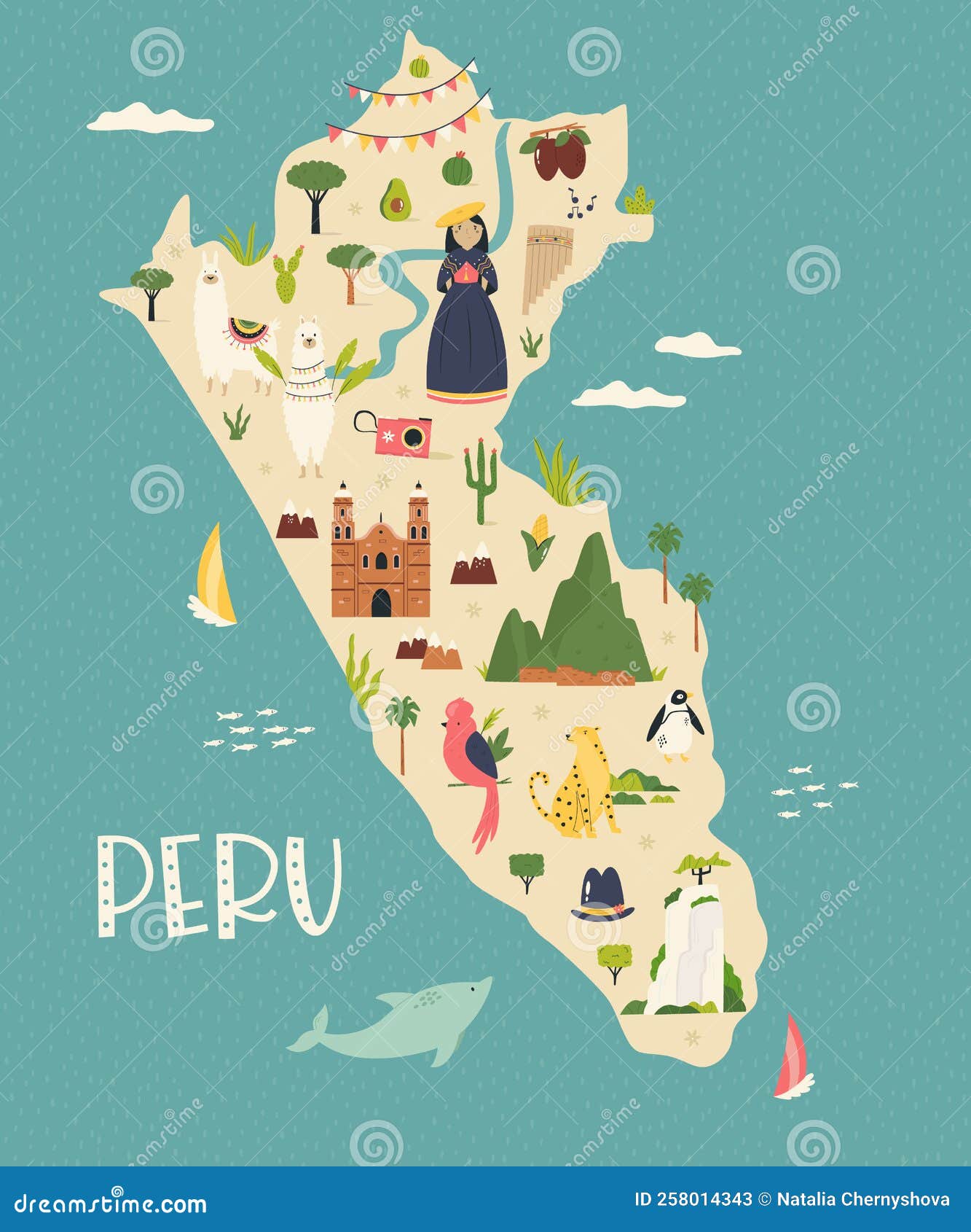 Illustrated Colorful Map of Peru with Famous Symbols of the Country