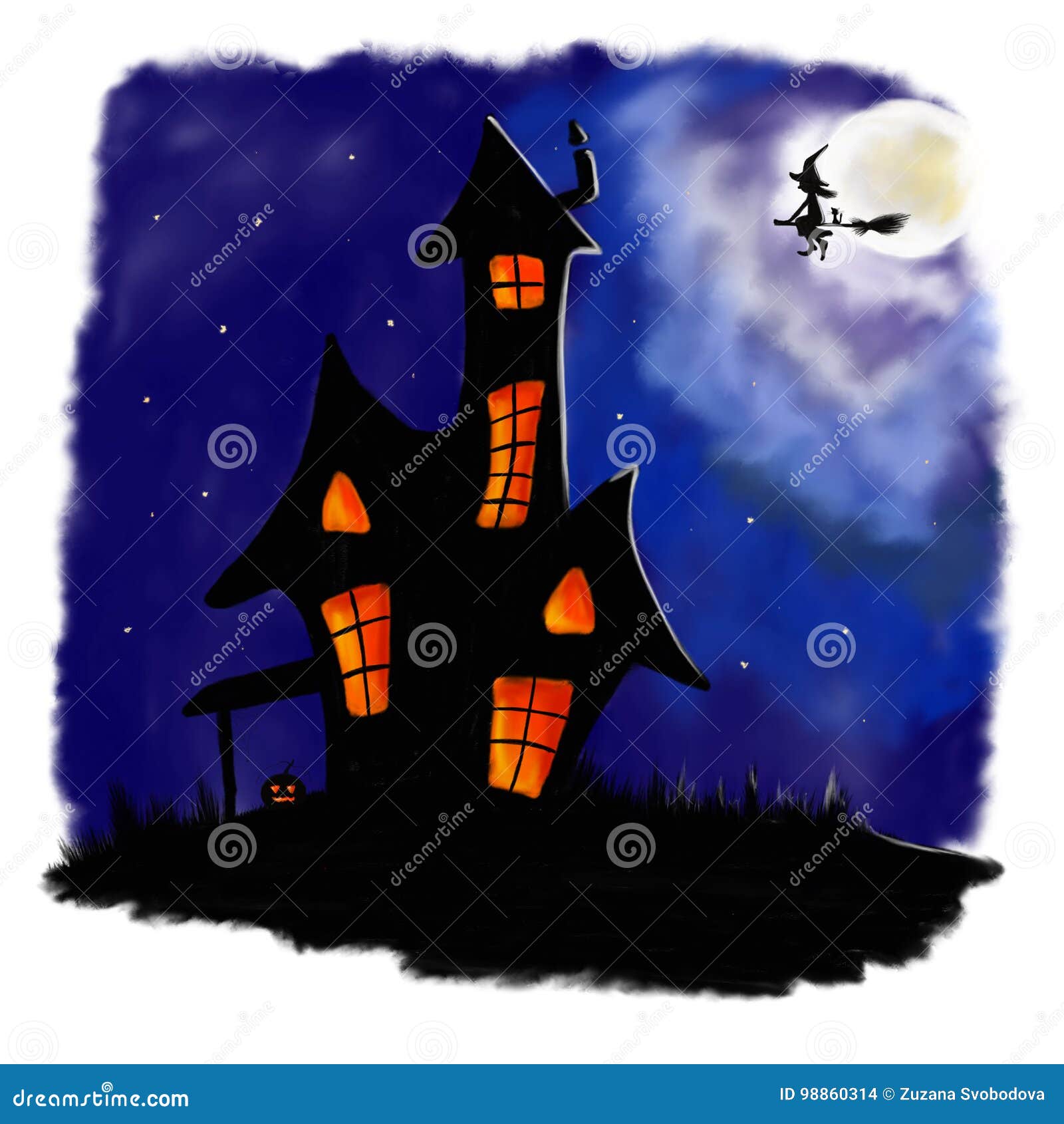 Illustrated Halloween Scary House In Night With Witch Stock