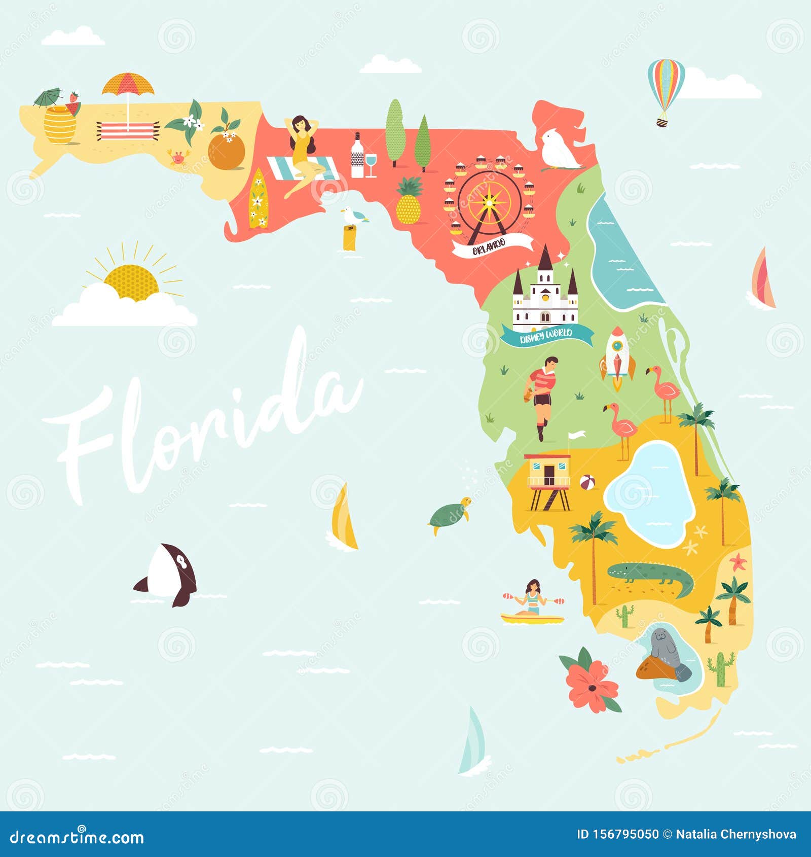 An Illustrated Map of Florida with Destinations Stock Vector