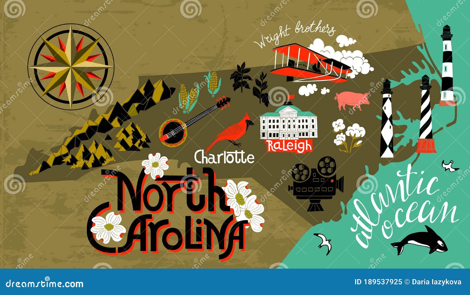 illustrated map of  north carolina, usa.