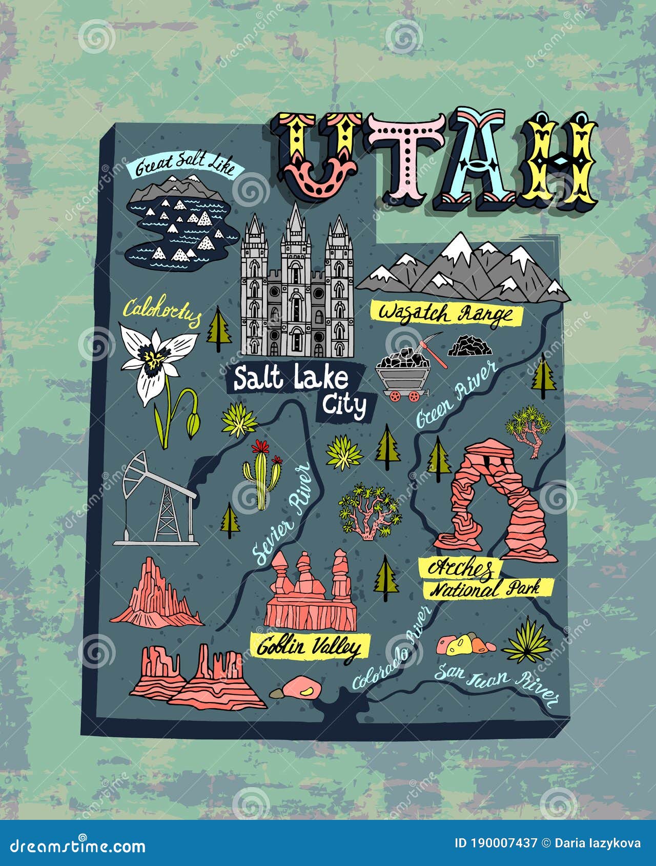 Illustrated Map Of Utah State Usa Cartoon Vector