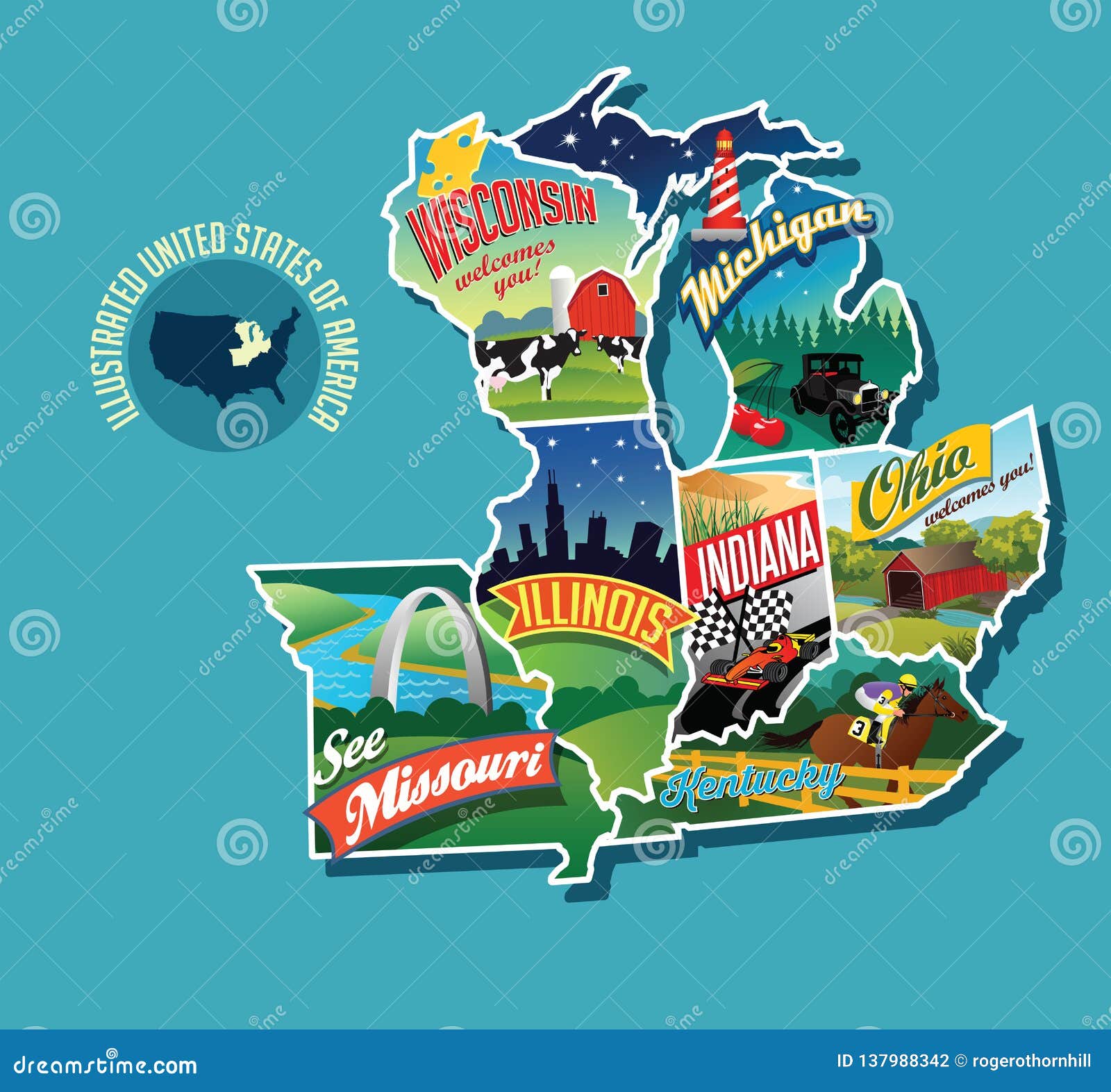 illustrated pictorial map of midwest united states.