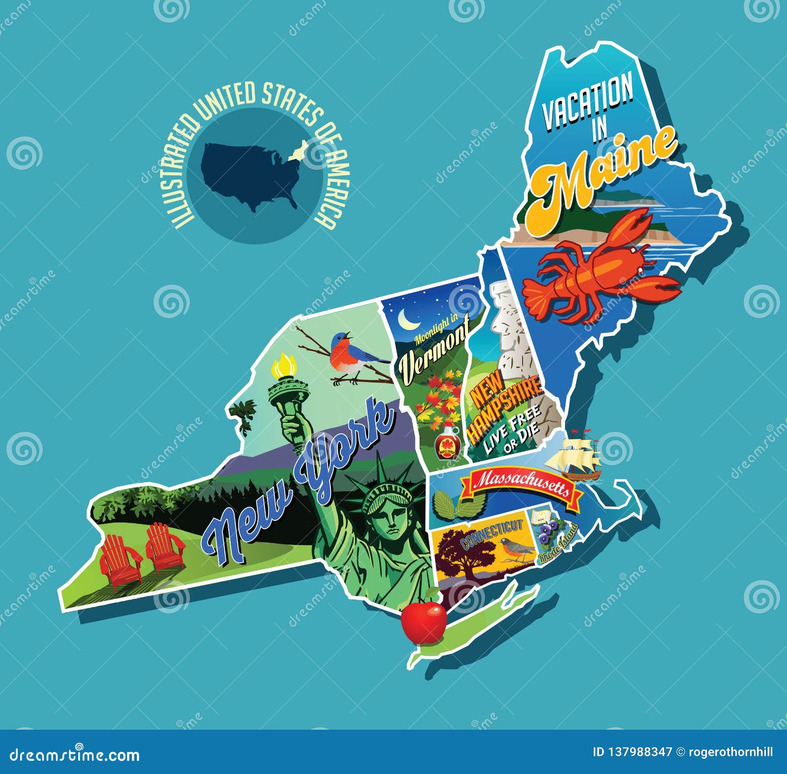 Illustrated Pictorial Map of Northeast United States. Stock Vector