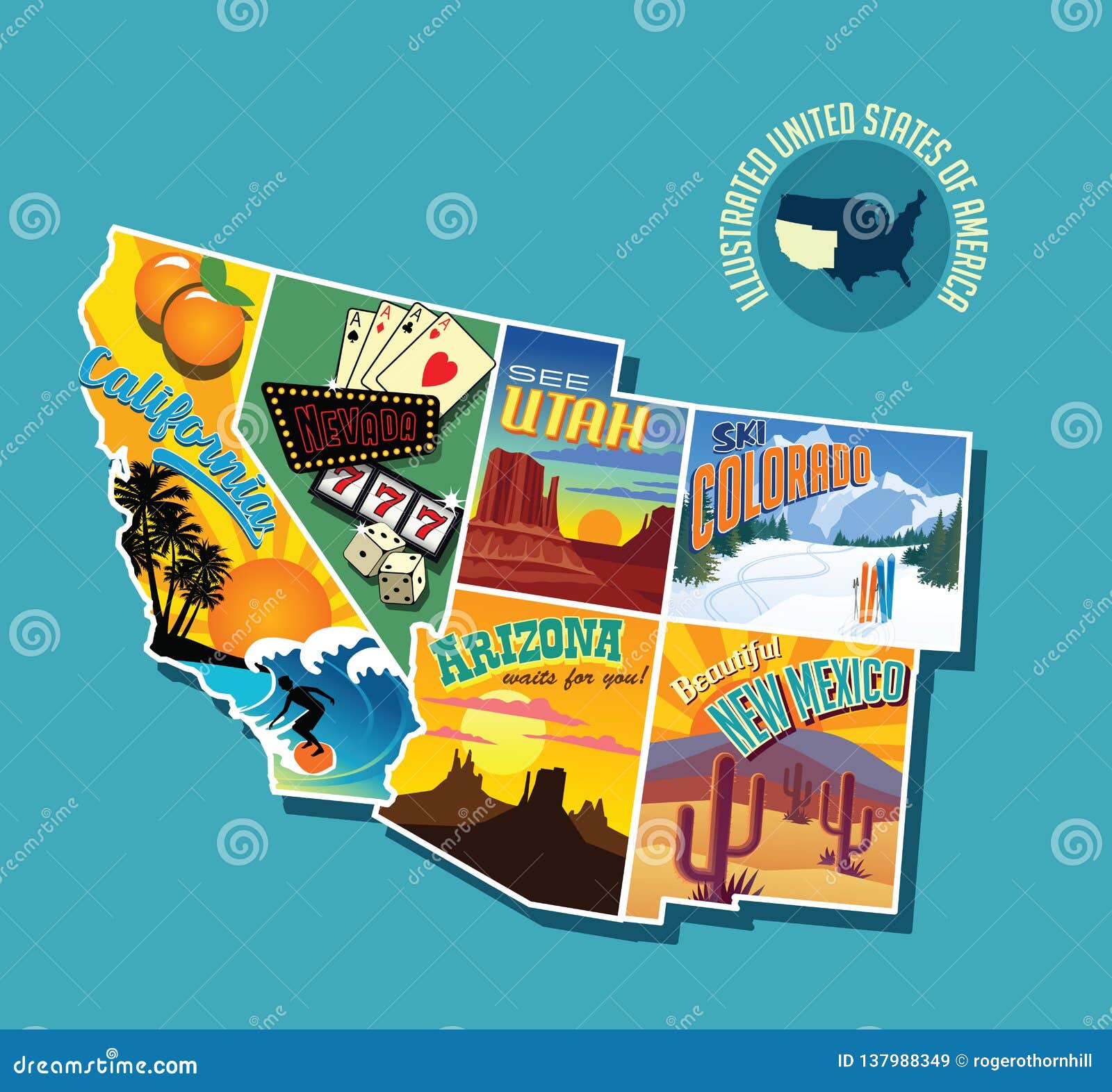 illustrated pictorial map of southwest united states.