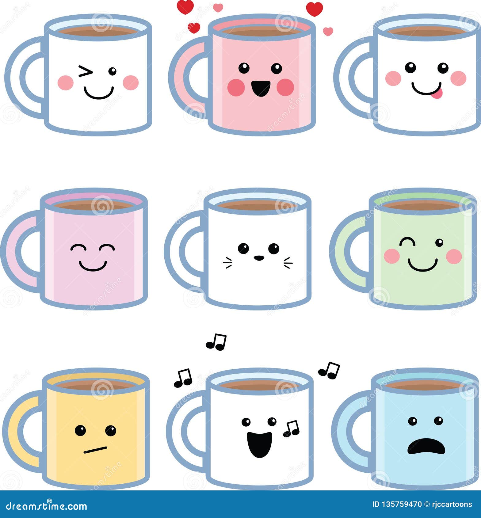 Download Set Of Kawaii Coffee Mugs Stock Vector Illustration Of Vector 135759470
