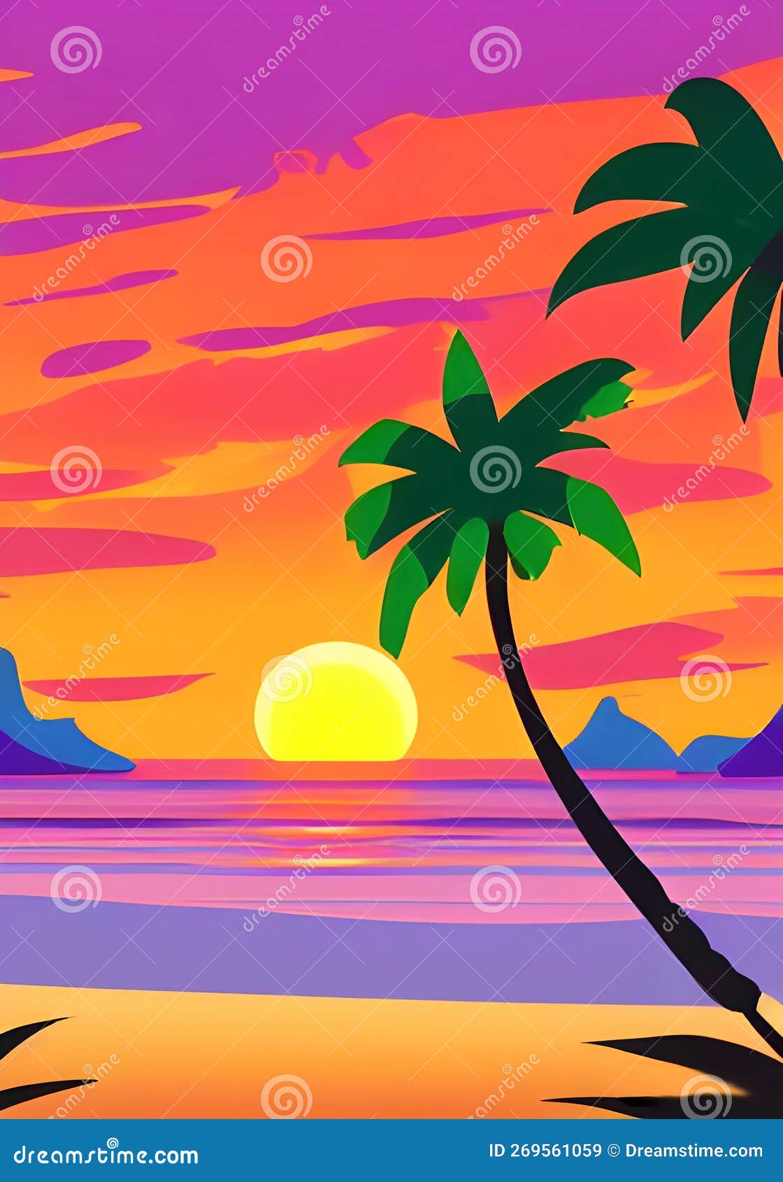 Illustrated Sunset Oasis Beachscape with Twilight Palms Stock ...