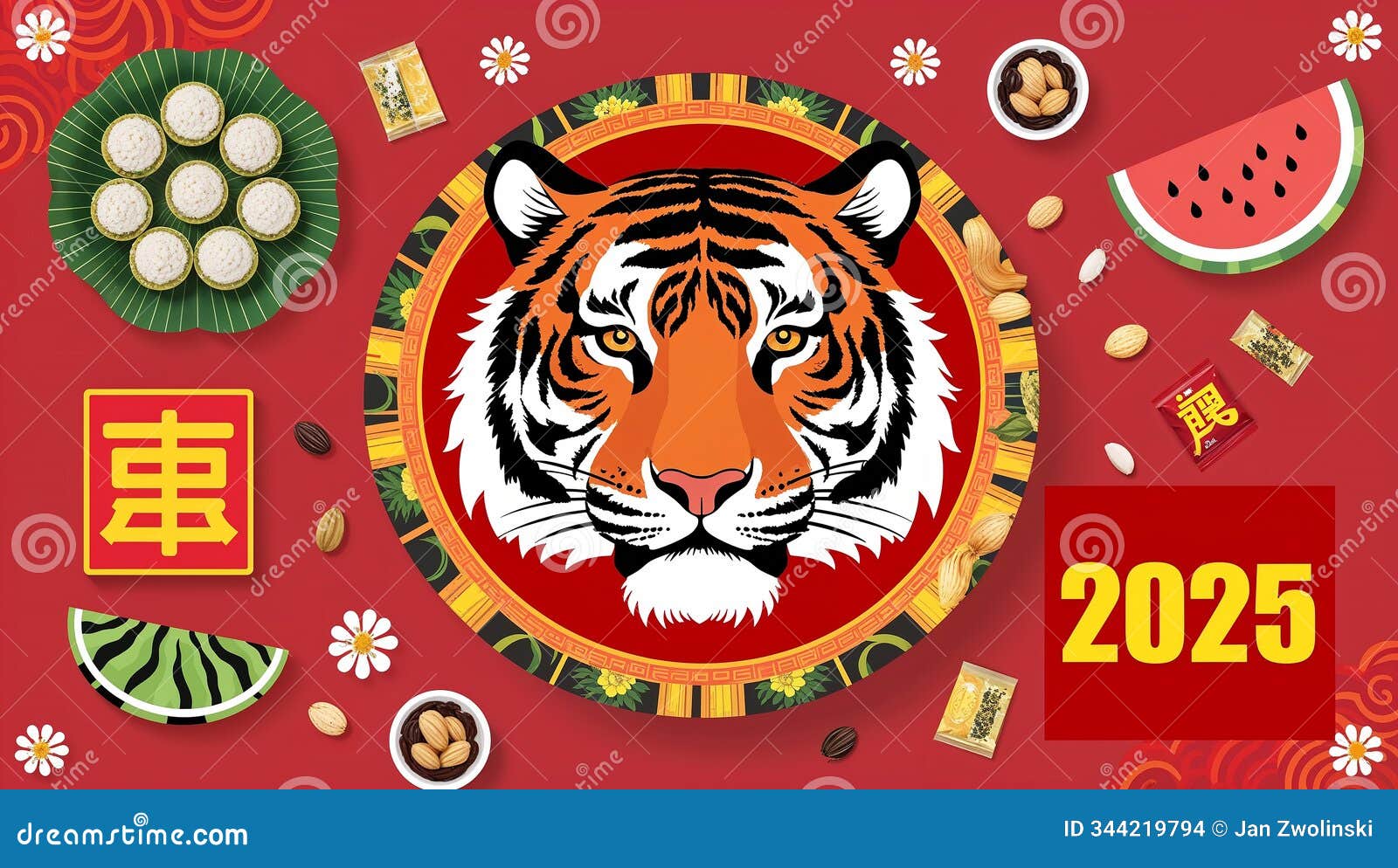 illustrated tiger izes strength on a red festive 