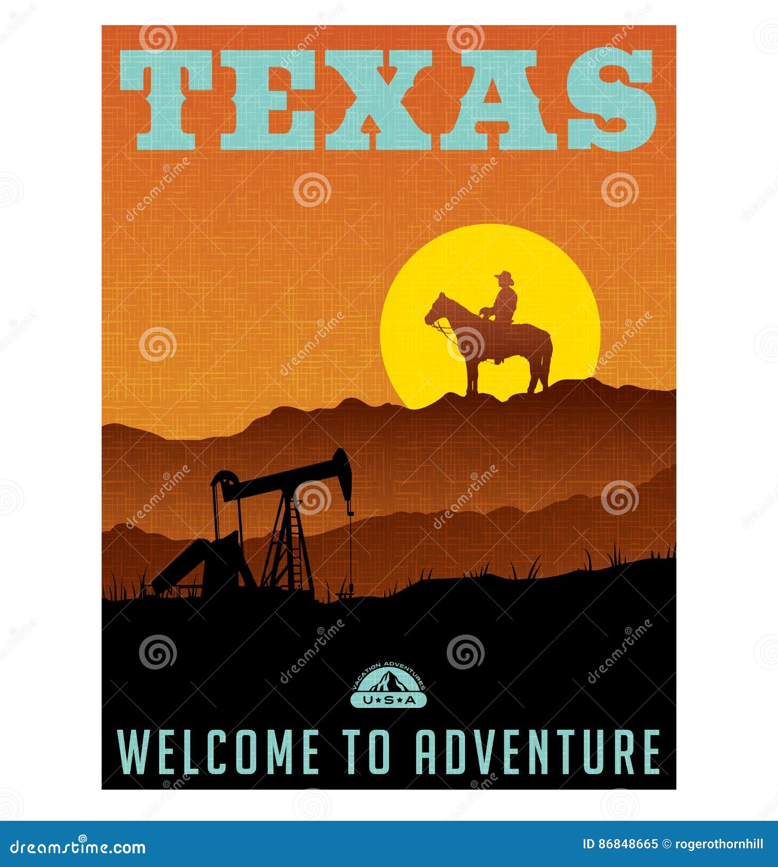 illustrated travel poster or sticker for texas, usa
