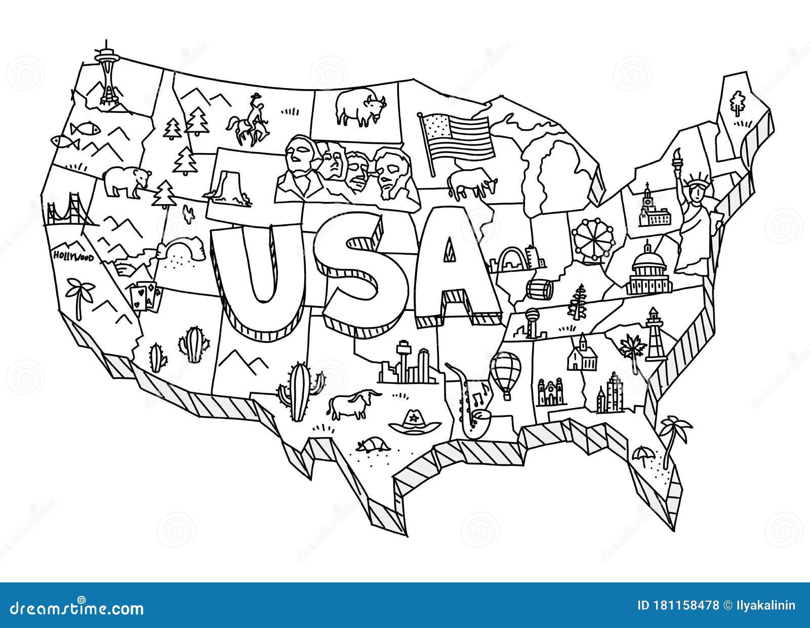 Illustrated Usa Map Sketch Tourist Attraction United States Of