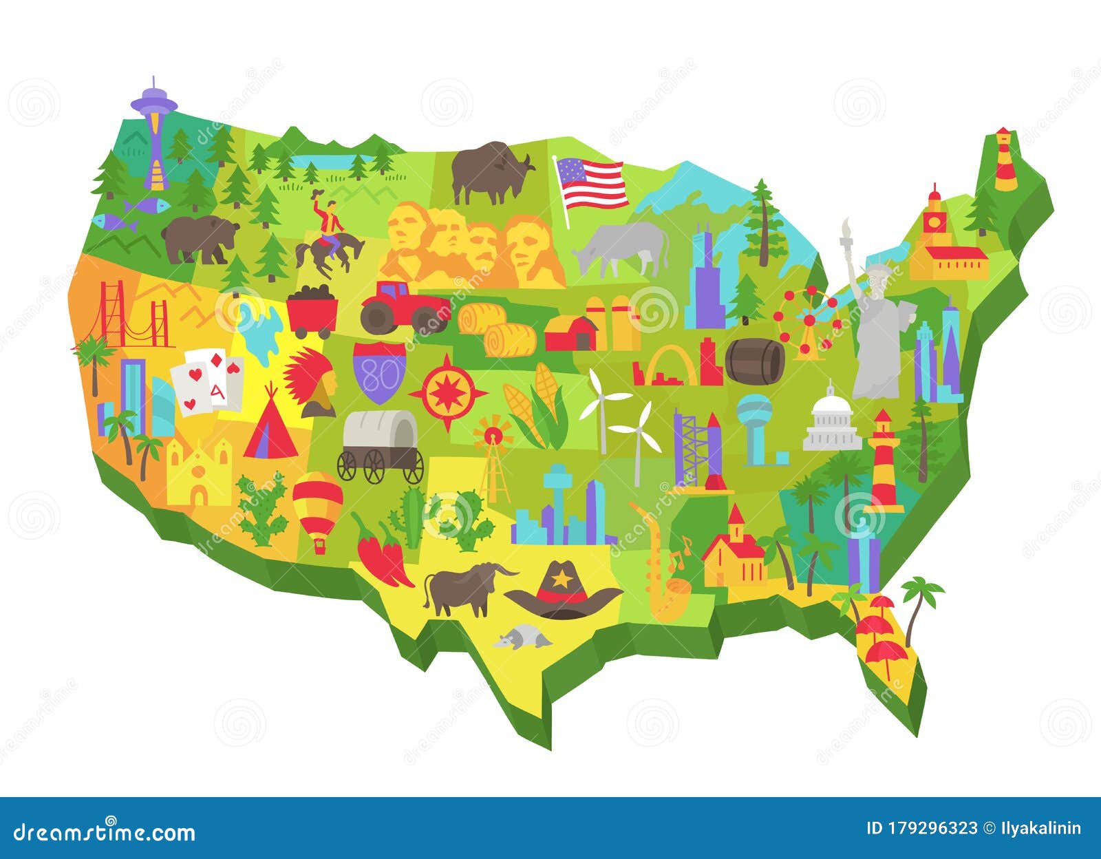 illustrated usa tourist attraction on the map. united states of america. set of icons. showplace flat .