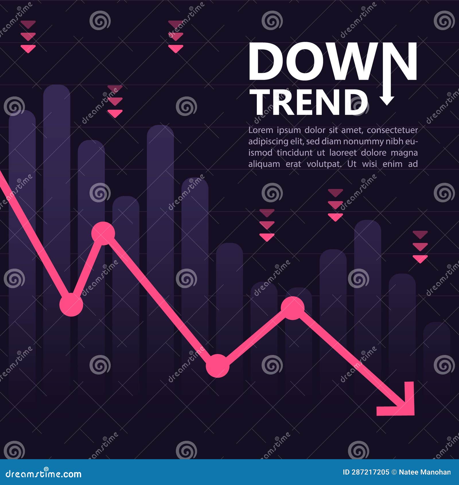 red arrow downtrend graph and bar chart in digital and tech theme.