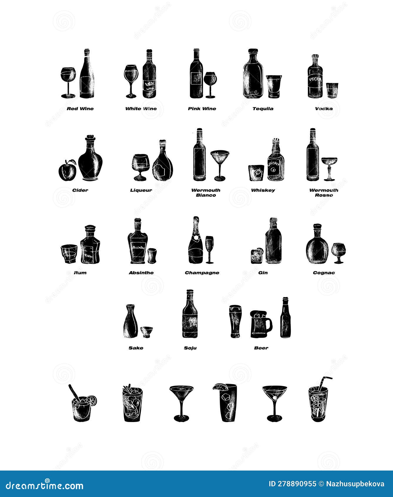 Bottles of Alcoholic Drinks (liqueur and Wine Illustration) Stock