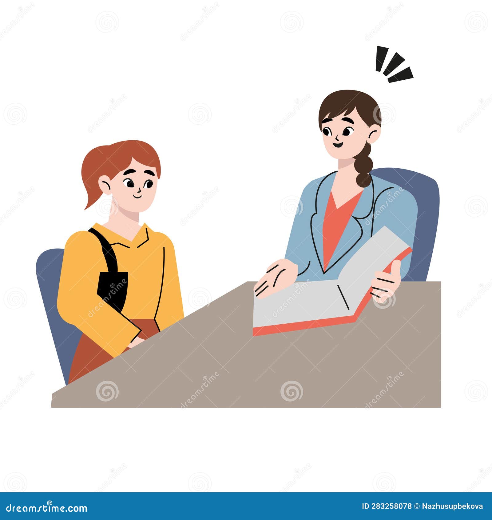 Agency Illustration, Agent Showing Package To Customer. Stock Vector
