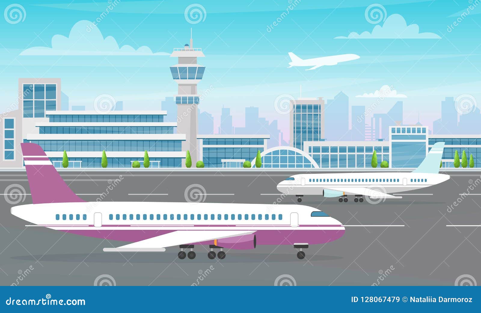  of airport terminal building with big plane and aircraft taking off on modern city background. flat cartoon