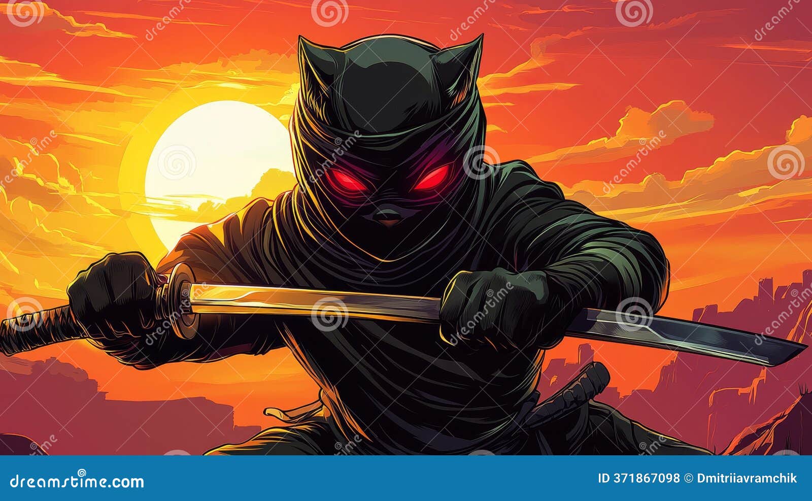 Illustration of Anime 2D Comic Style Cat Ninja Design in Flat Modern Style.  Stock Photo - Image of dynamic, japan: 371867098, image size:1600x987