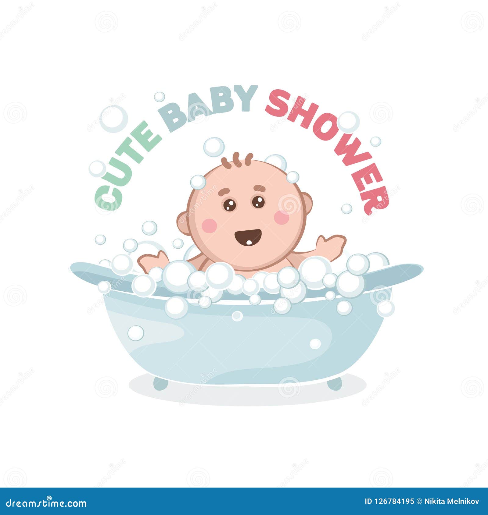 Illustration of Baby in a Bath with Bubbles. Stock Vector Illustration of bathtub, isolated