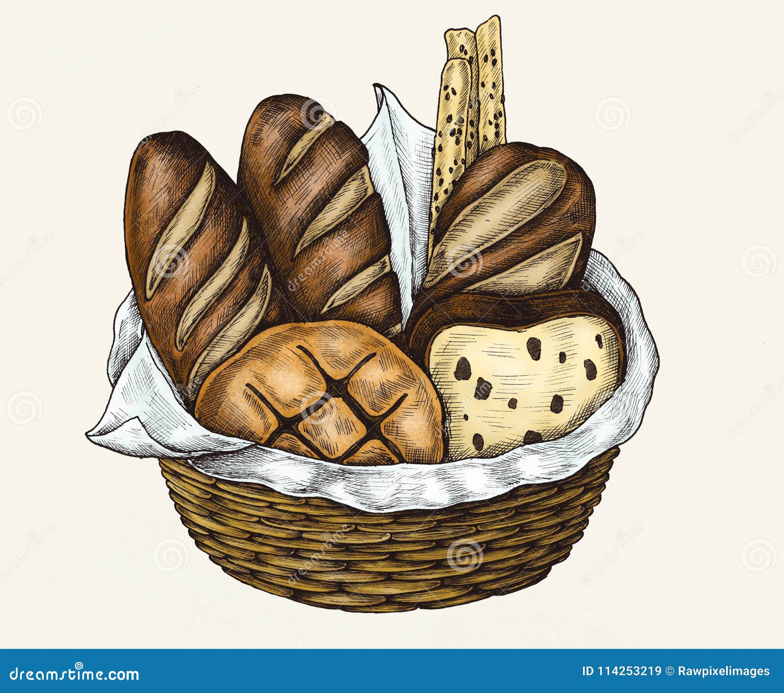 Illustration of a Basket with Breads Stock Illustration - Illustration of  fashion, icon: 114253219, image size:1600x1414