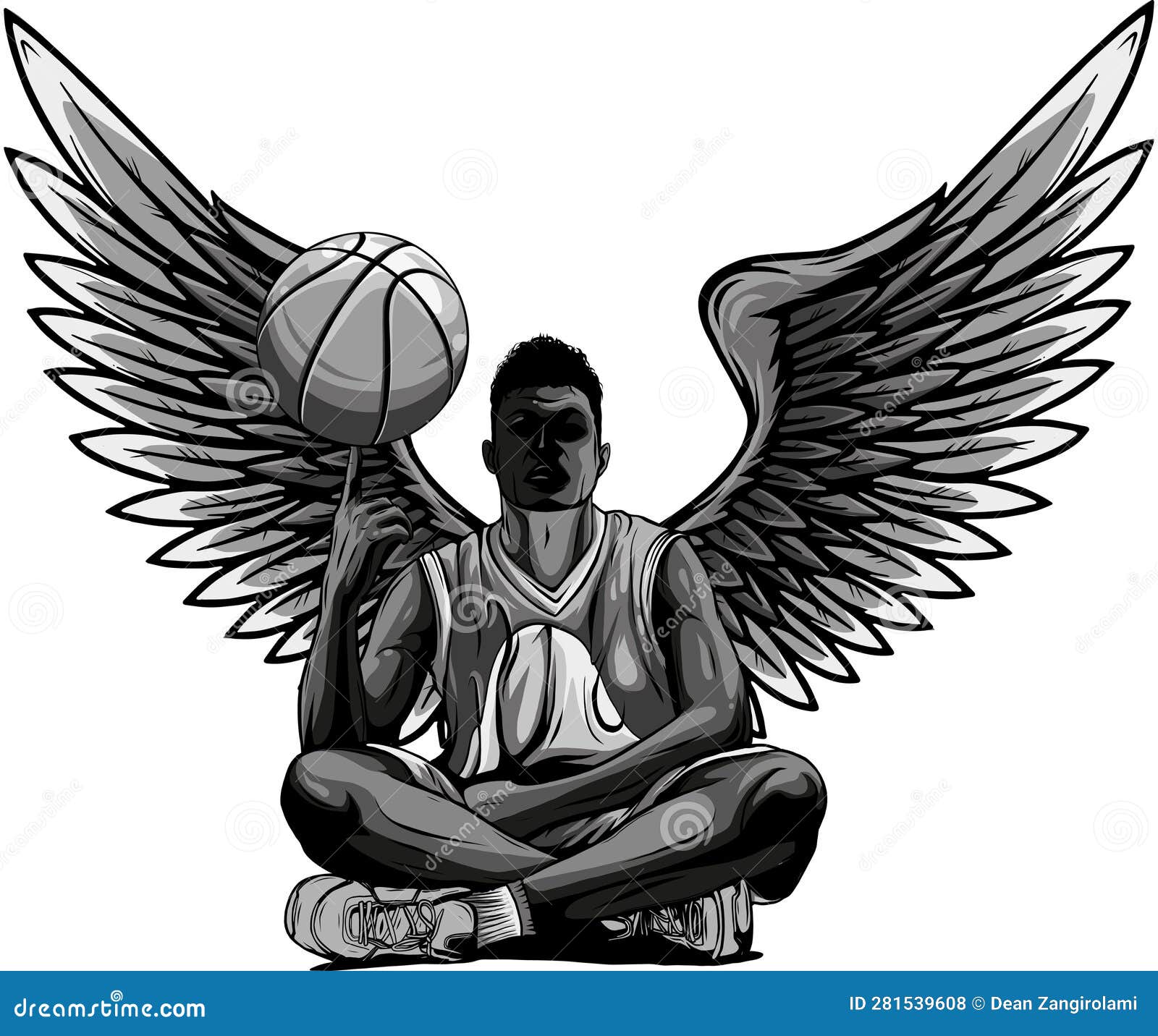 Monochromatic Illustration of Basketball Player with Wings Stock Vector
