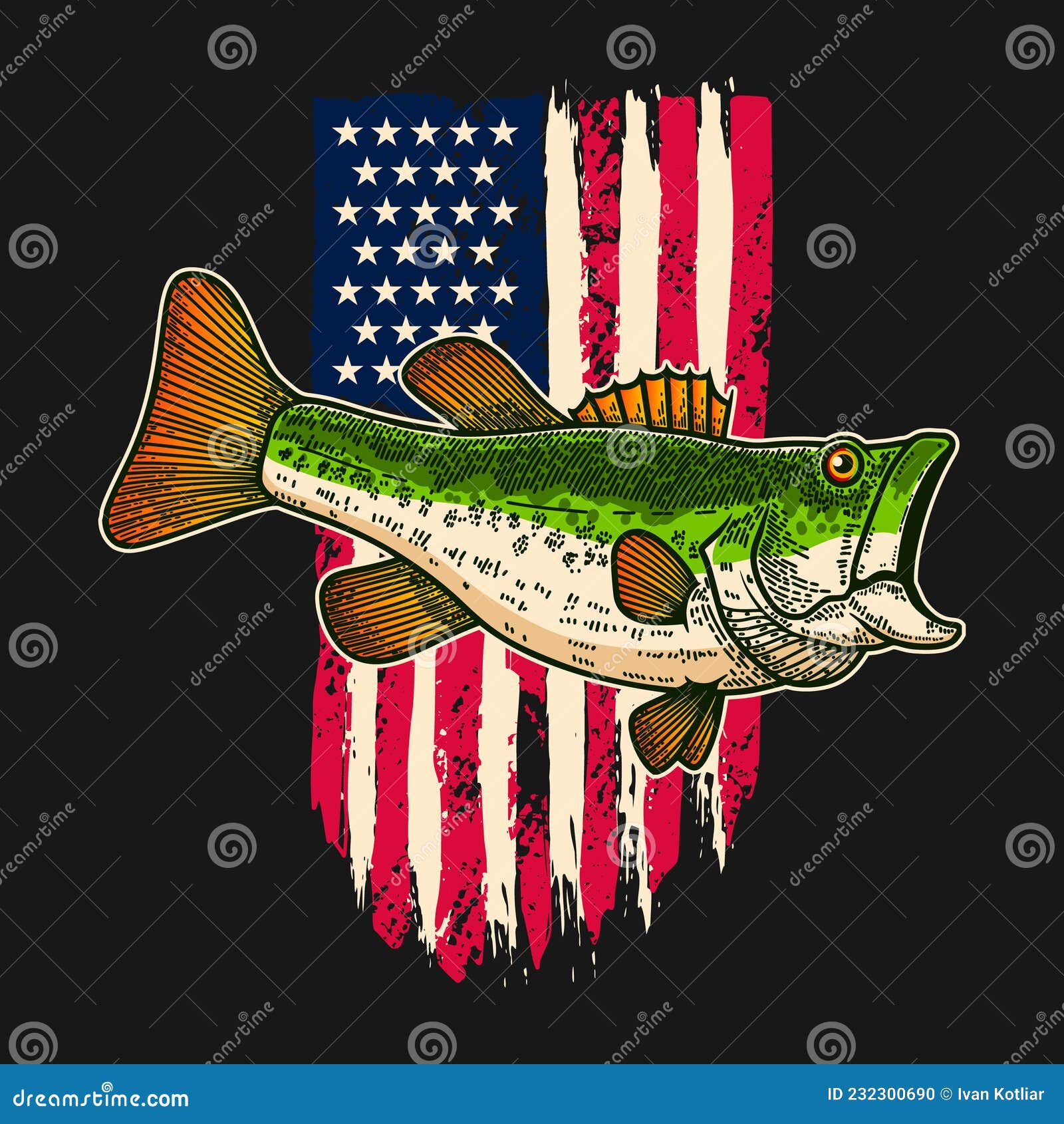 Bass fishing club Bass fish on american flag background Design element  for t shirt poster card banner Vector illustration Stock Vector Image   Art  Alamy