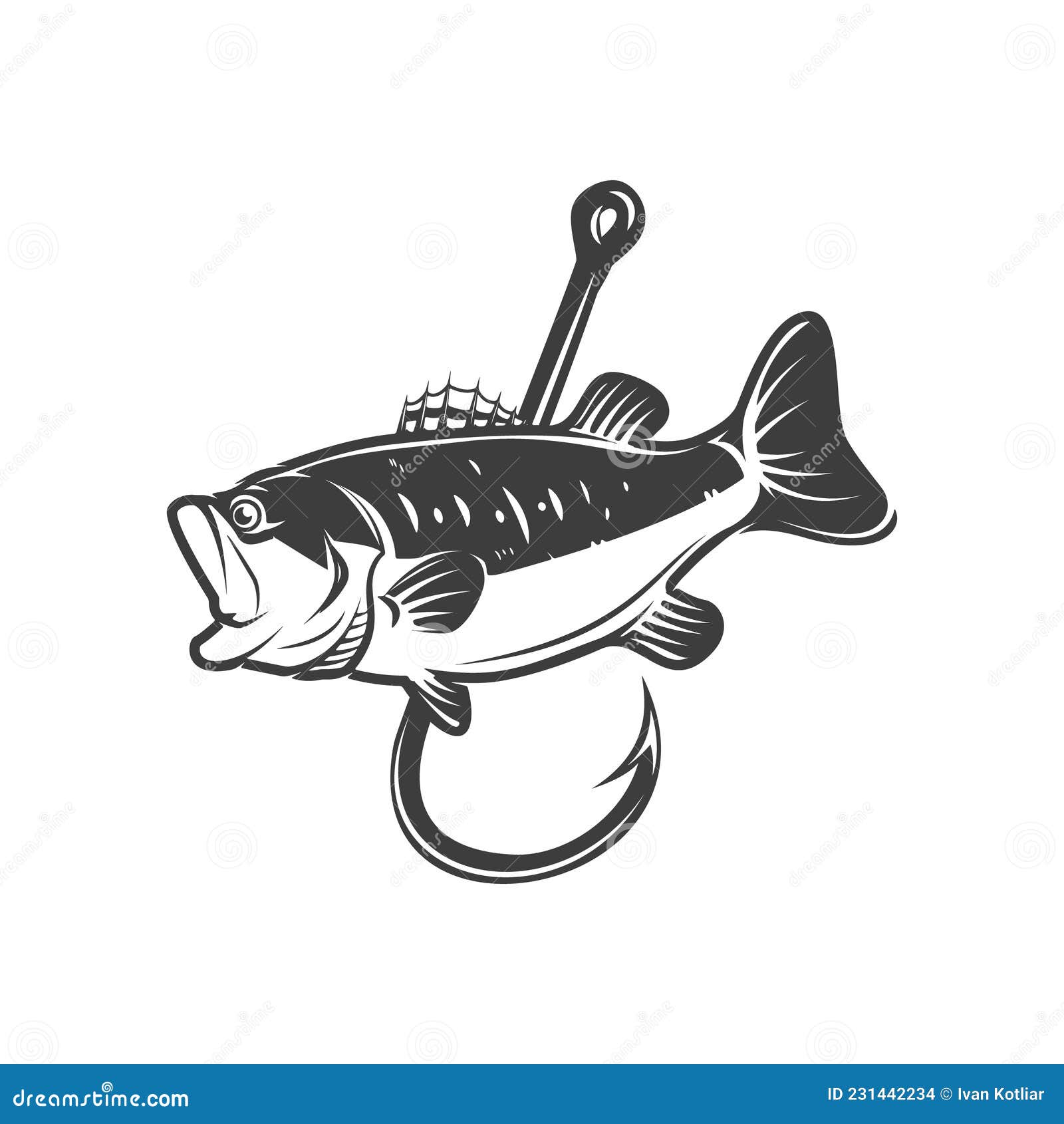 Illustration of Bass and Fishing Hook. Design Element for Poster,card,  Banner, Sign, Emblem Stock Vector - Illustration of river, seafood:  231442234