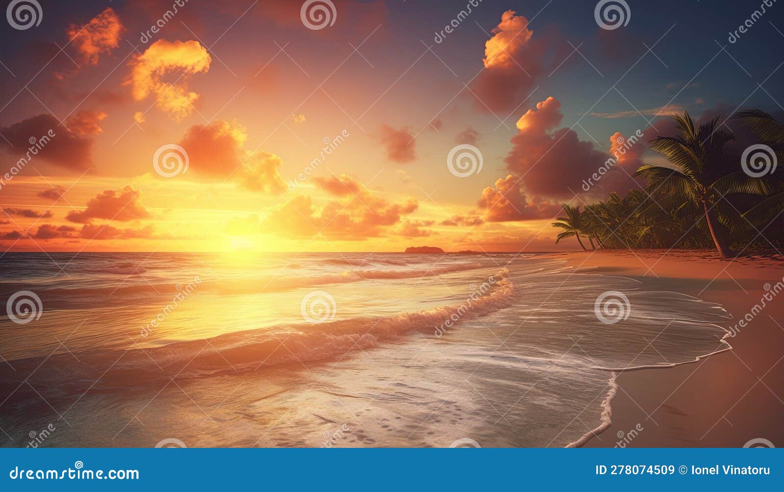 Illustration of a Beach on a Paradise Island with a Fascinating Sunset