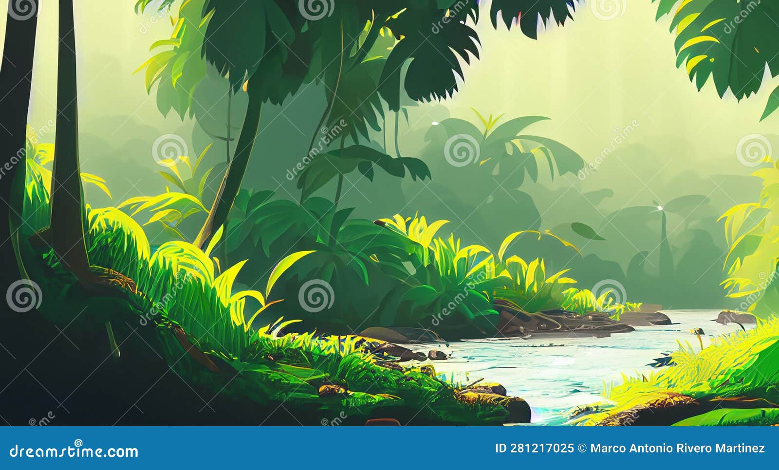 Illustration of a Beautiful Amazon Landscape with a Blue River Stock