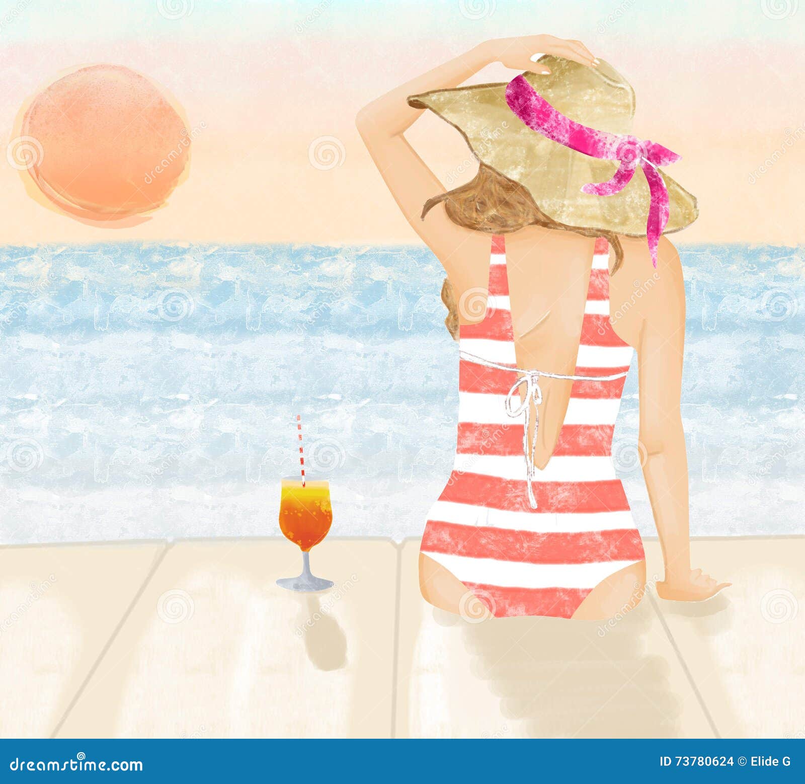 Illustration Of Beautiful Blonde Girl Drinking Cocktail At Sunset