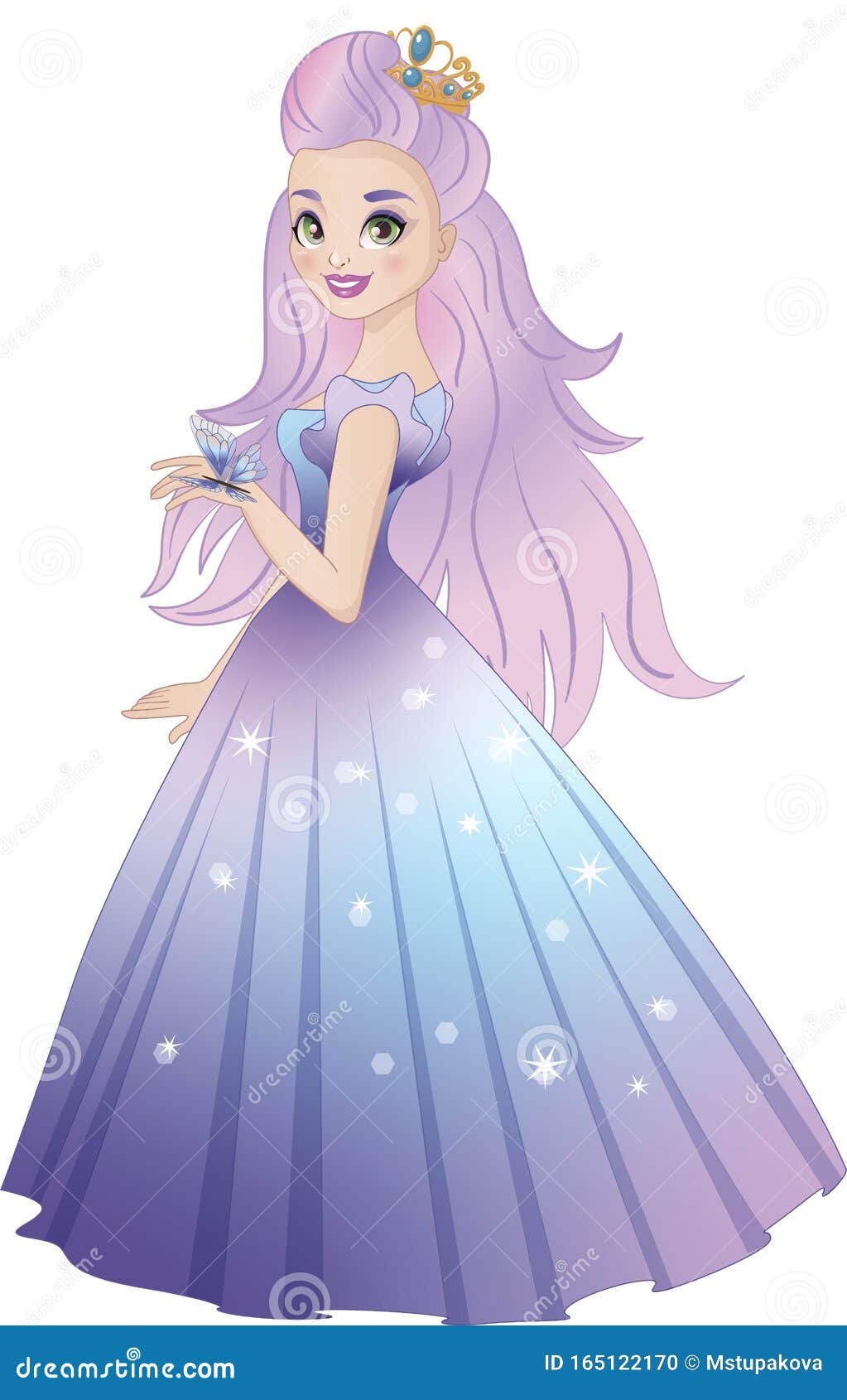 Illustration of Beautiful Princess with Butterfly. Color Illustration. Stock Vector