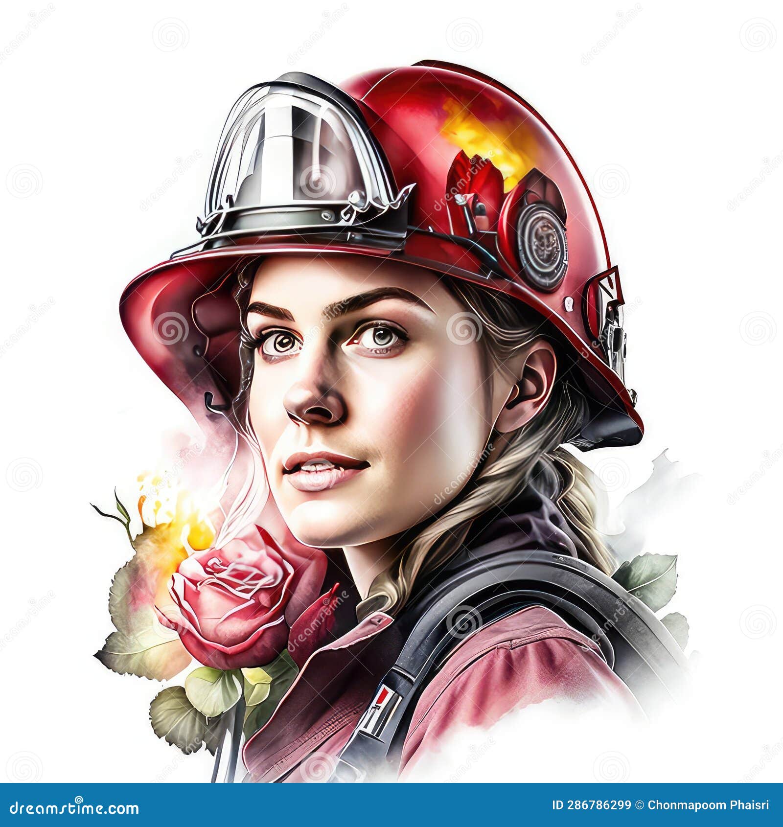 Illustration Of A Beautiful Woman Firefighter With A Red Helmet On A White Background Generative