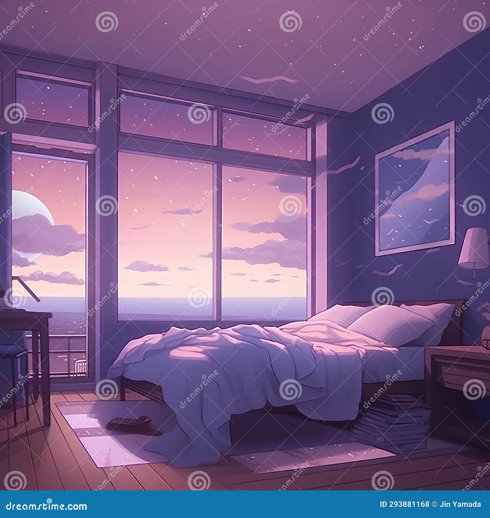 Illustration of a Bedroom with a View of the Sea at Night Stock