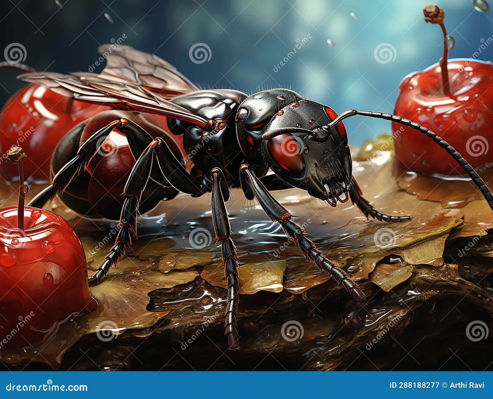 Illustration of a Big Ant Eating Apple on Leaf Back Stock Illustration