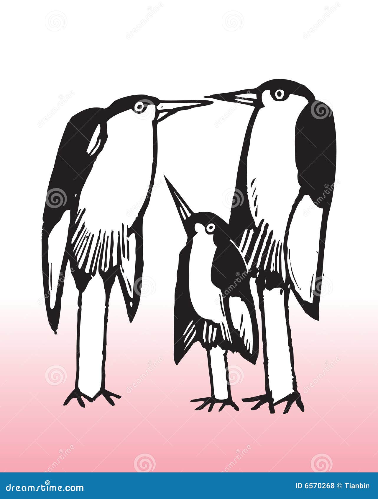 Illustration of bird family. Hand drawn illustration of a bird family, mother, father and baby bird on pink and white background.