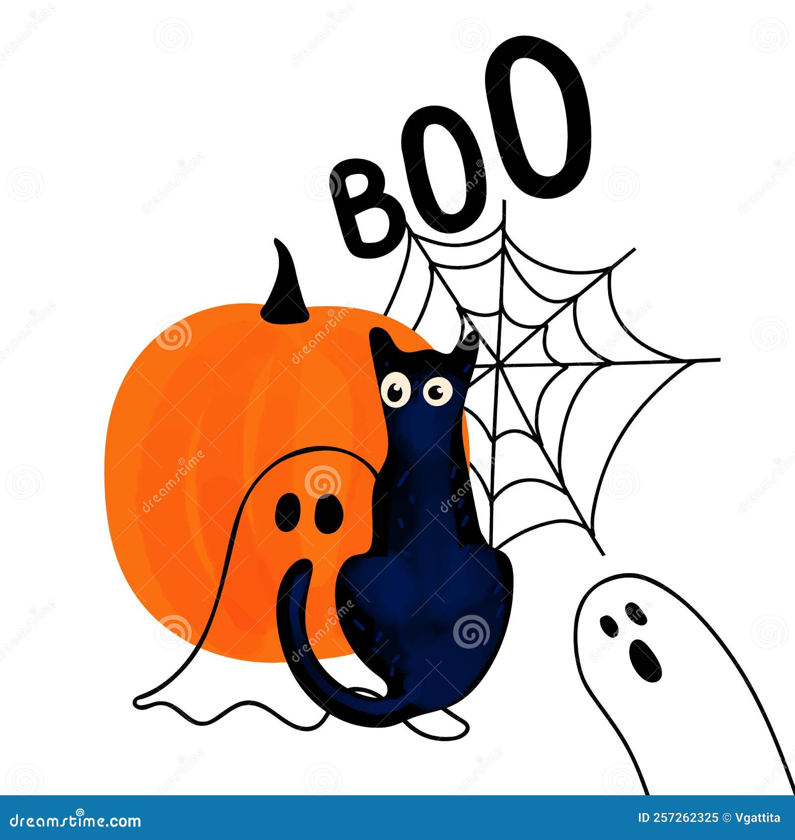 Illustration of a Black Cat, Orange Pumpkin and Ghosts on a White ...