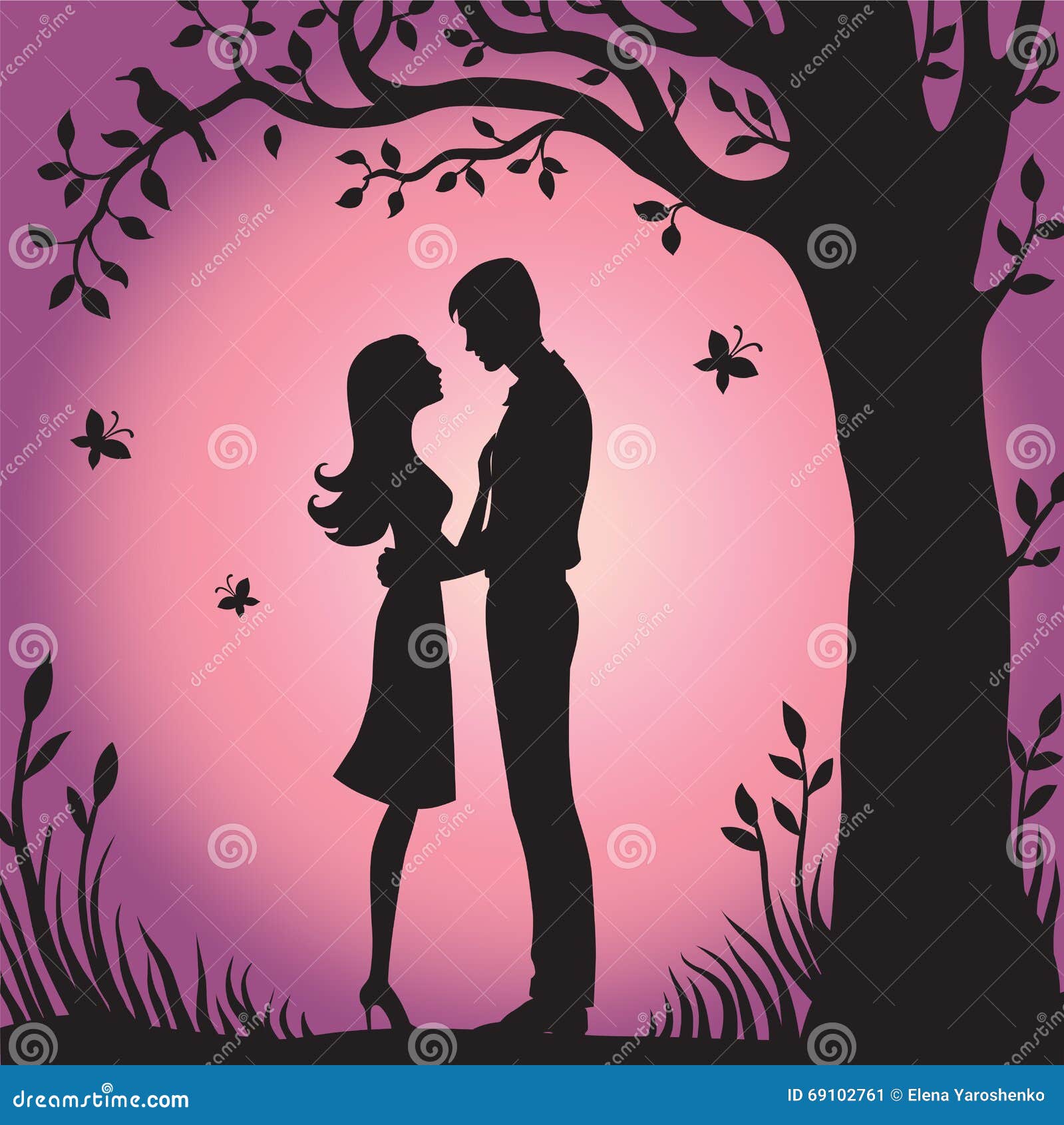 Romantic couple in love embrace in the moonlight Silhouettes of