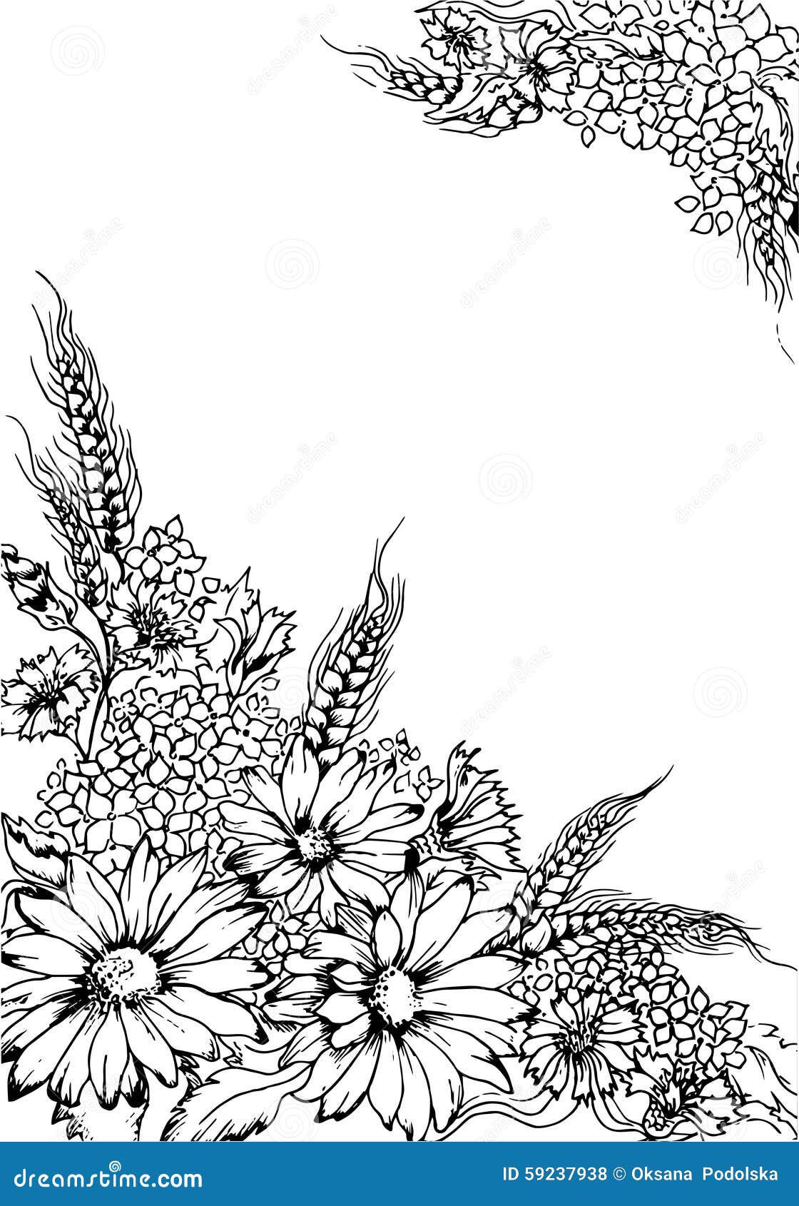 Illustration Black and White Greeting Card with Flowers. Stock Vector