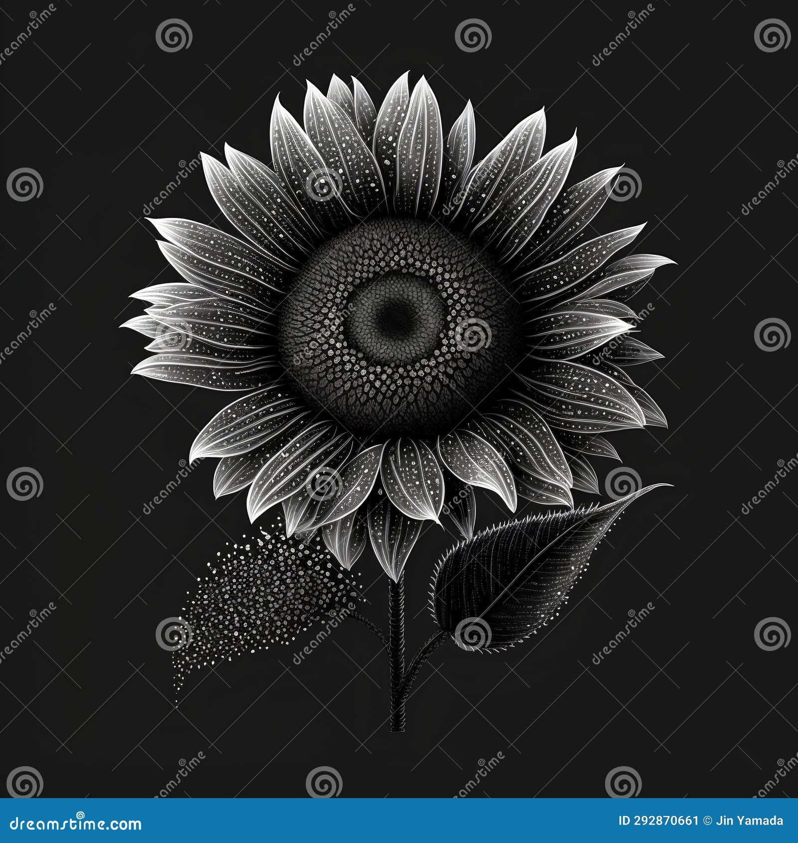 Illustration of Black and White Sunflower on a Black Background. Stock