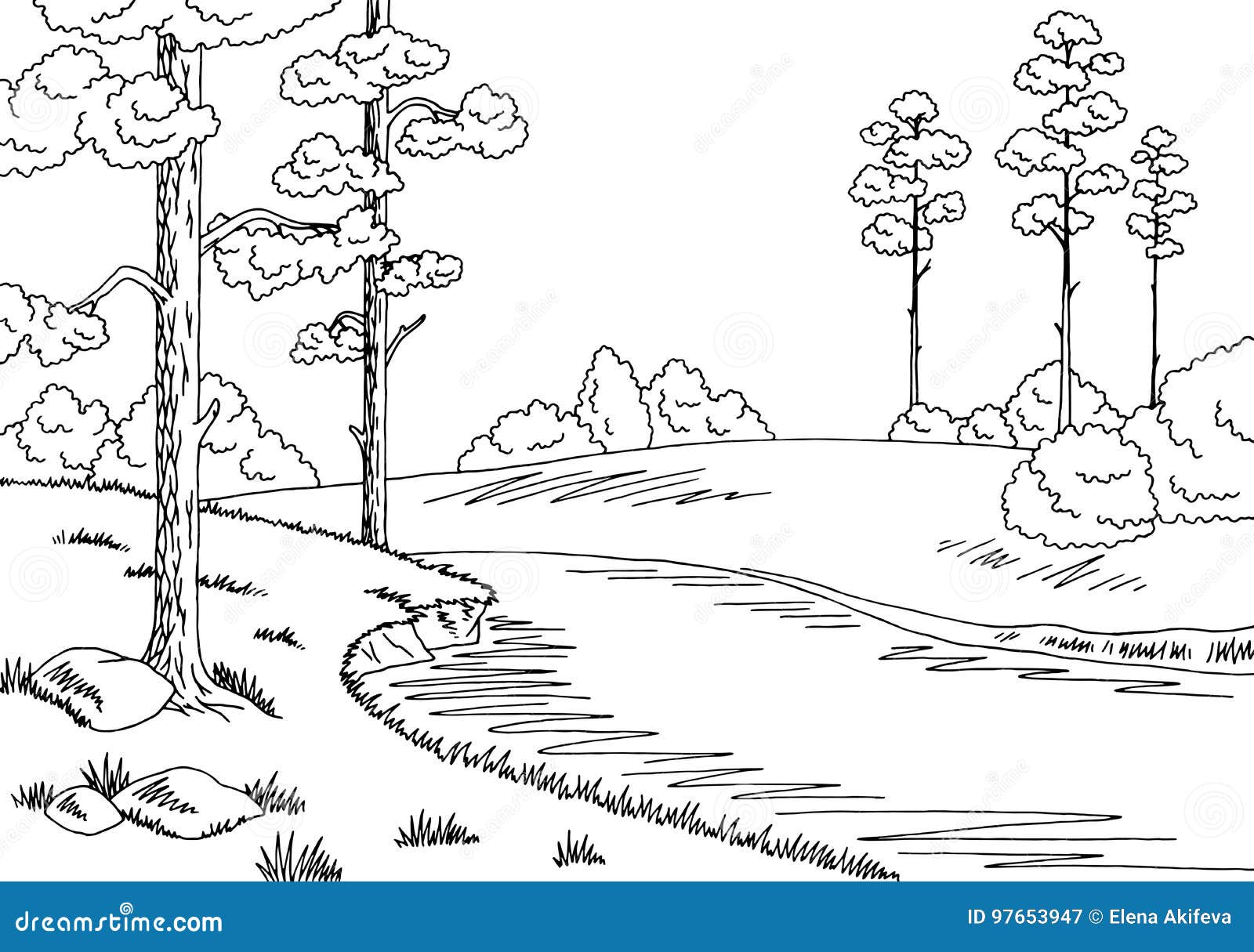 Illustration Blanche Noire Graphique De Croquis De Paysage De Rivière