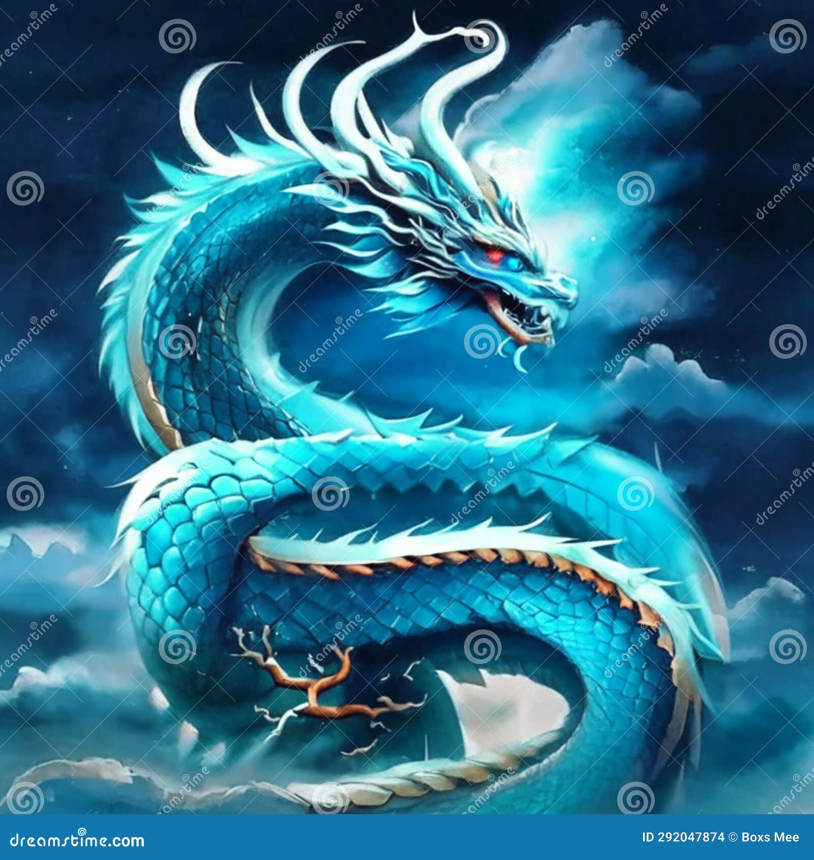 Illustration of a Blue Dragon on a Background of the Sky with Clouds