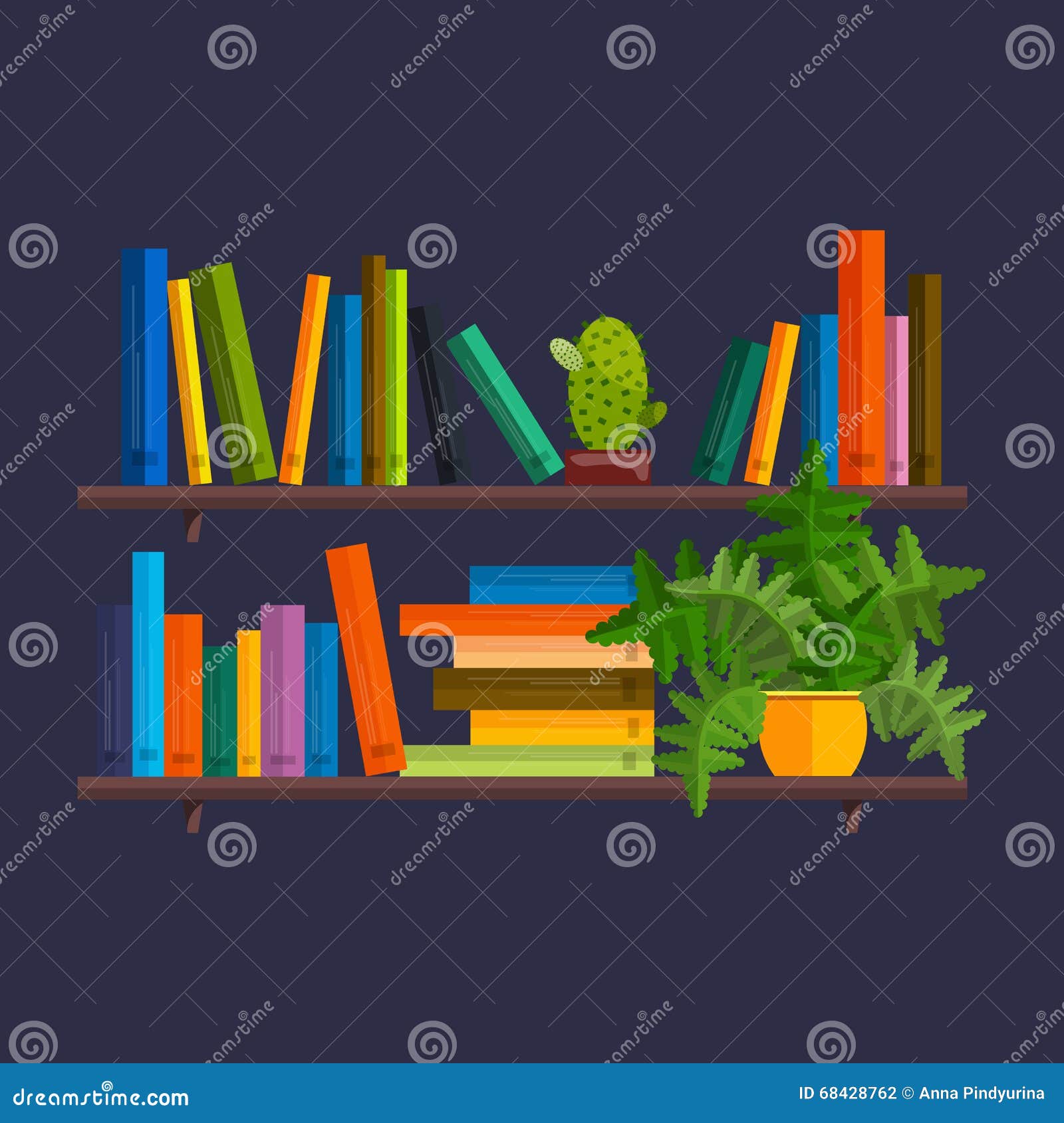 Illustration Of Bookshelfon Wall With Books In Vector Flat Style