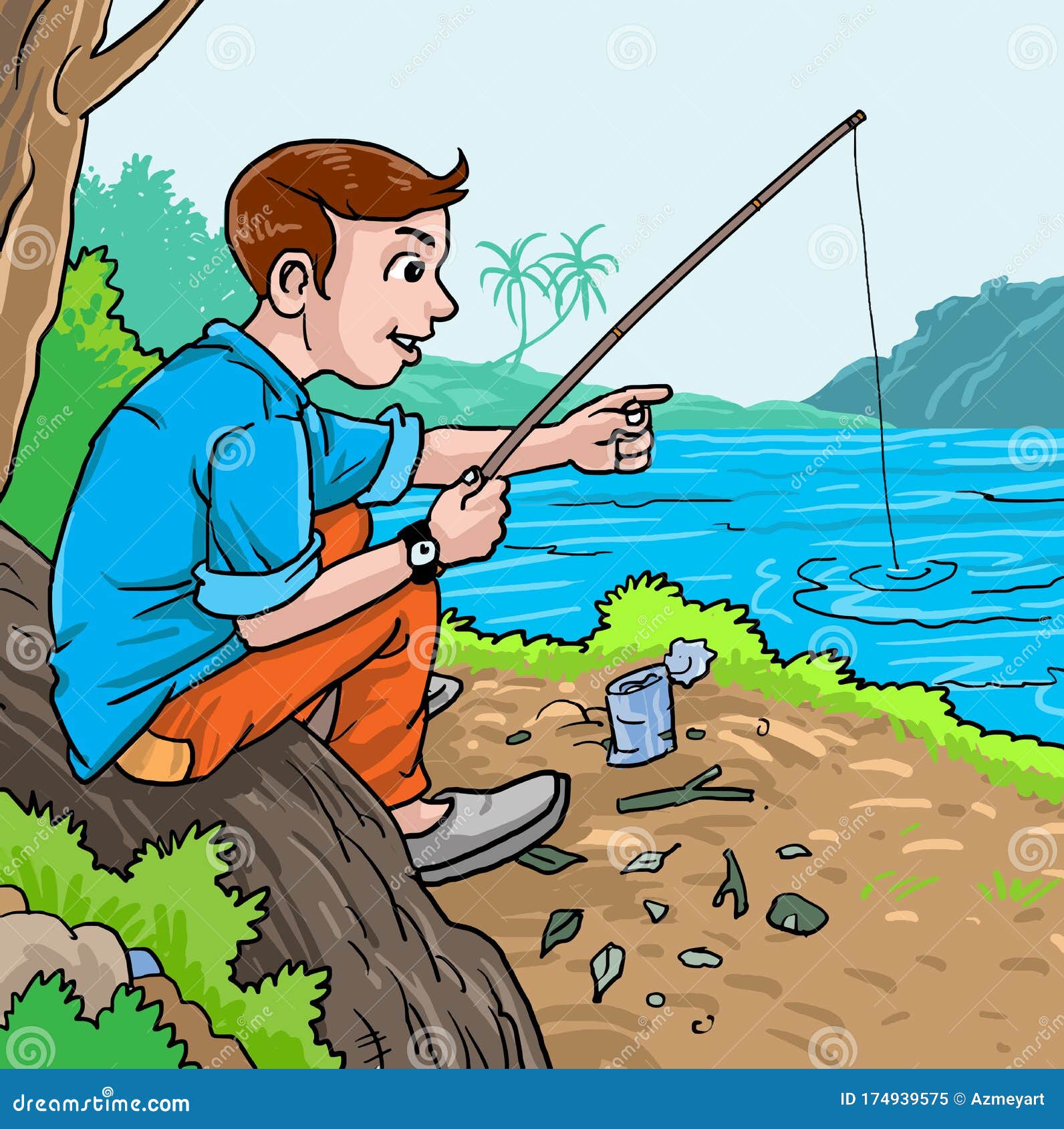 Illustration Boy Fishing at the River Stock Illustration - Illustration of  fisherman, grass: 174939575