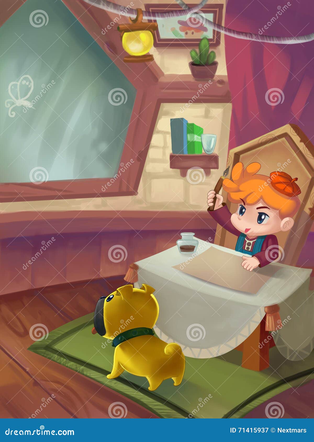 Illustration: the Boy and His Dog in the Study Room. Stock Illustration -  Illustration of design, character: 71415937