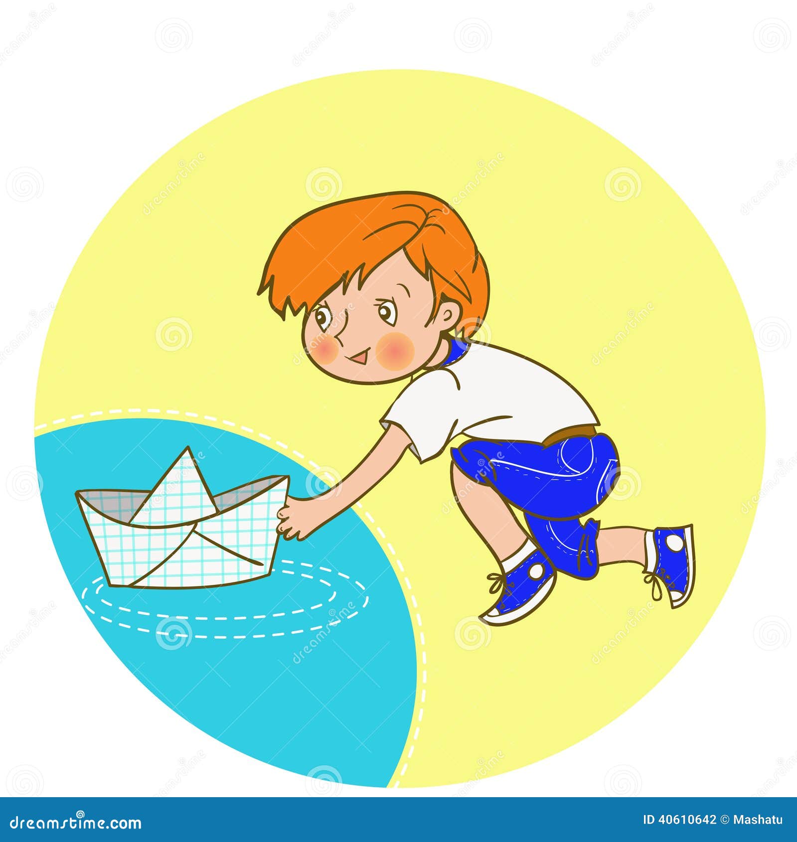 Illustration Of A Boy Pushing A Paper Boat Down A River ...