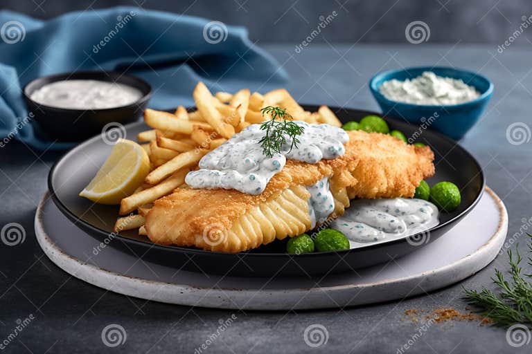 Illustration of British Traditional Fish and Chips with Tartar Sauce