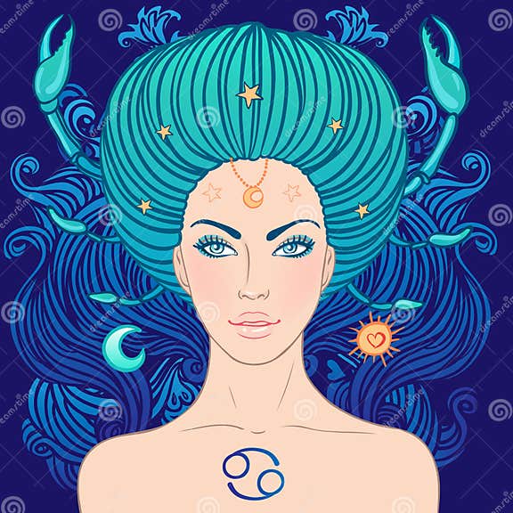 Illustration of Cancer Zodiac Sign As a Beautiful Girl Stock ...