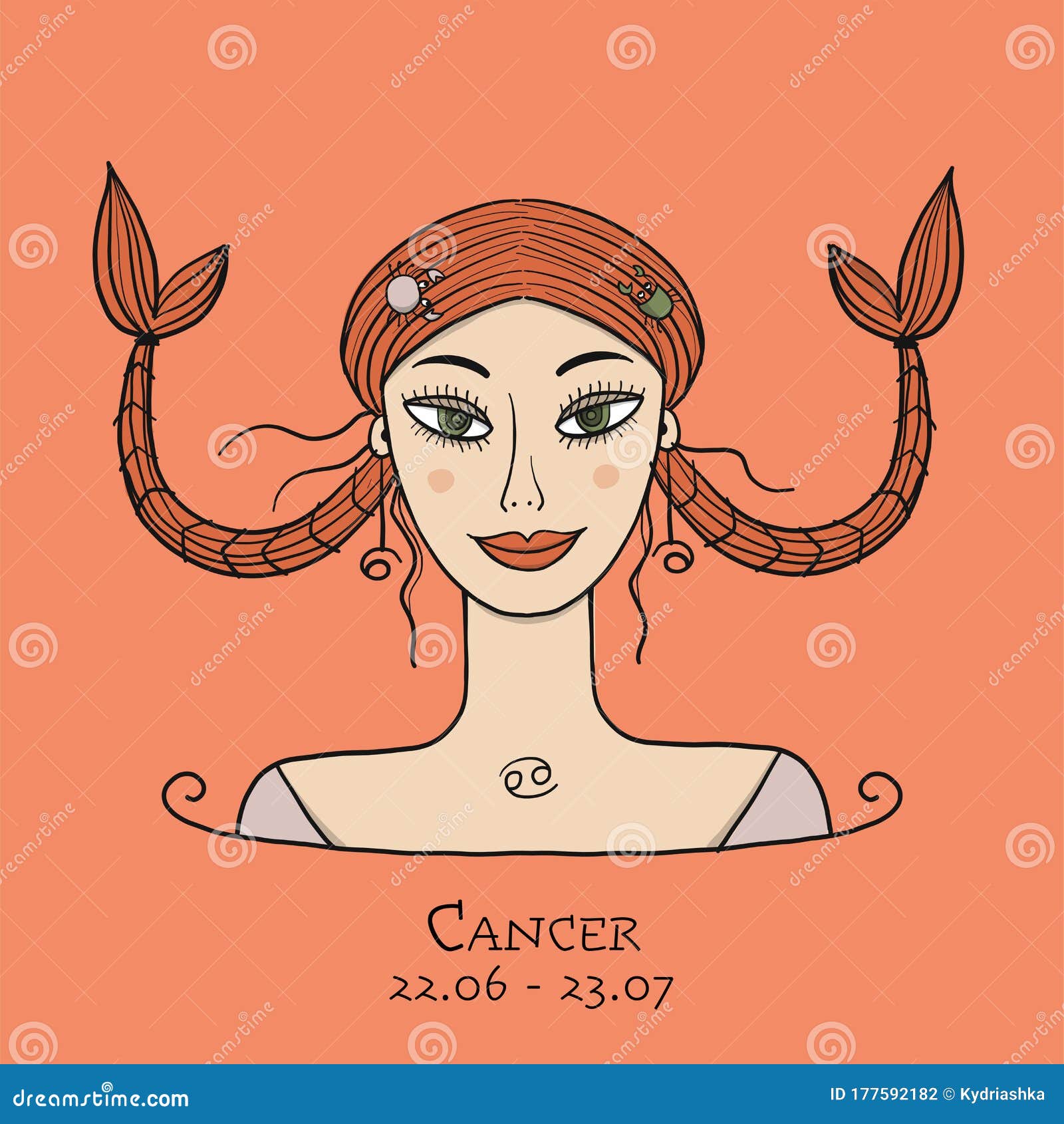 Illustration of Cancer Zodiac Sign. Element of Water. Beautiful Girl ...