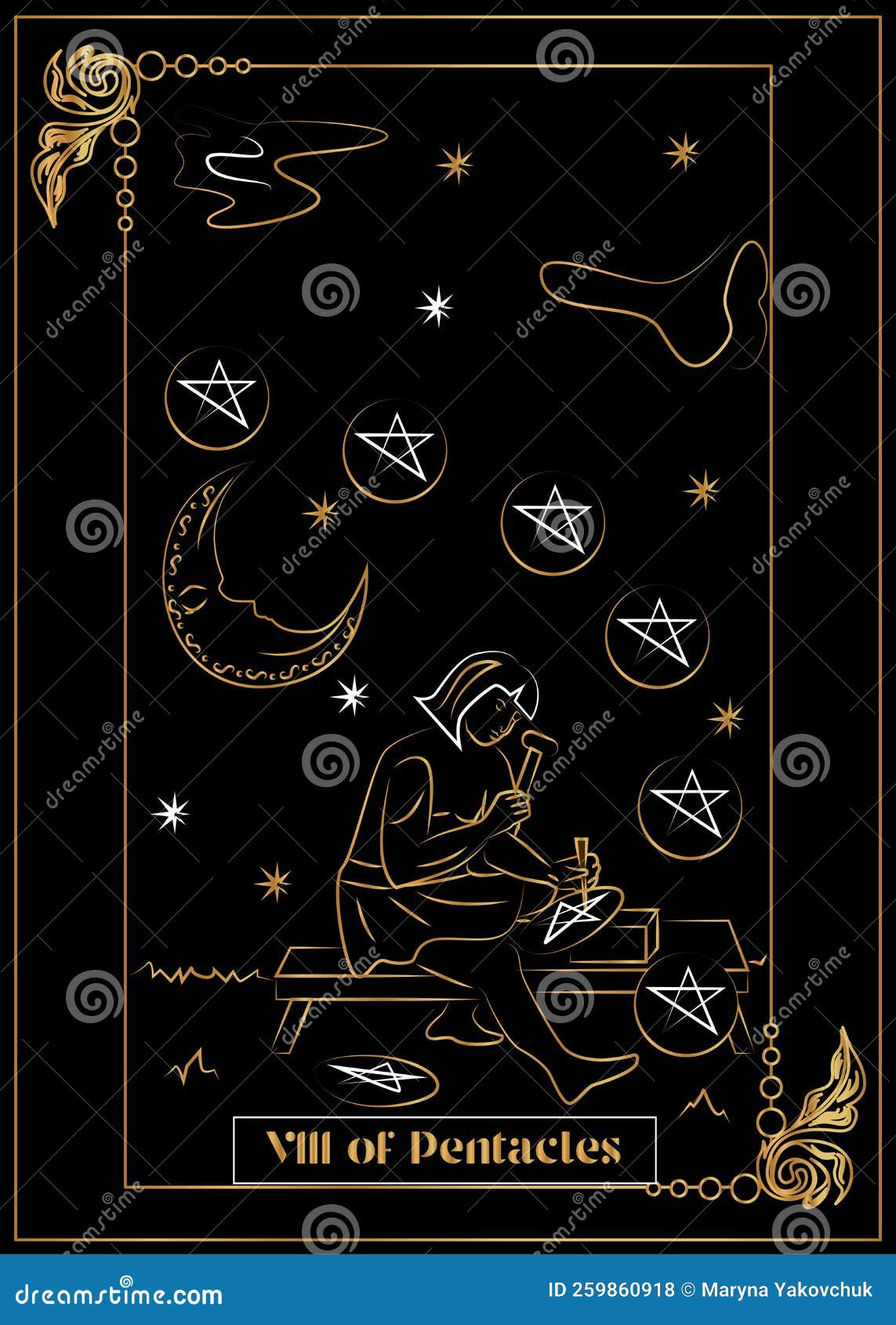 VIII of Pentacles stock vector. Illustration of spirituality - 259860918