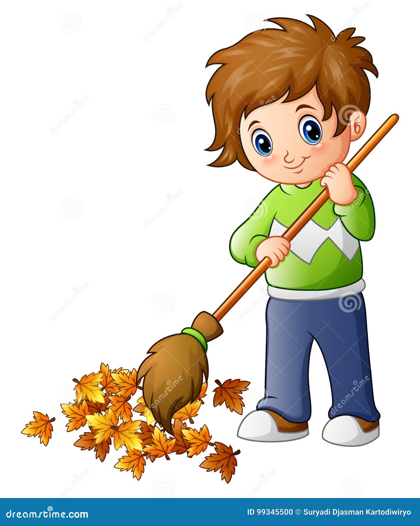 Cartoon Boy with Broom and Autumn Leaves Stock Vector - Illustration of ...