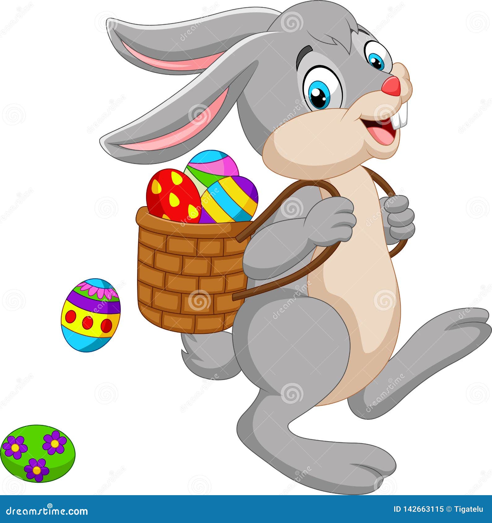 cartoon easter bunny carrying basket of an easter egg